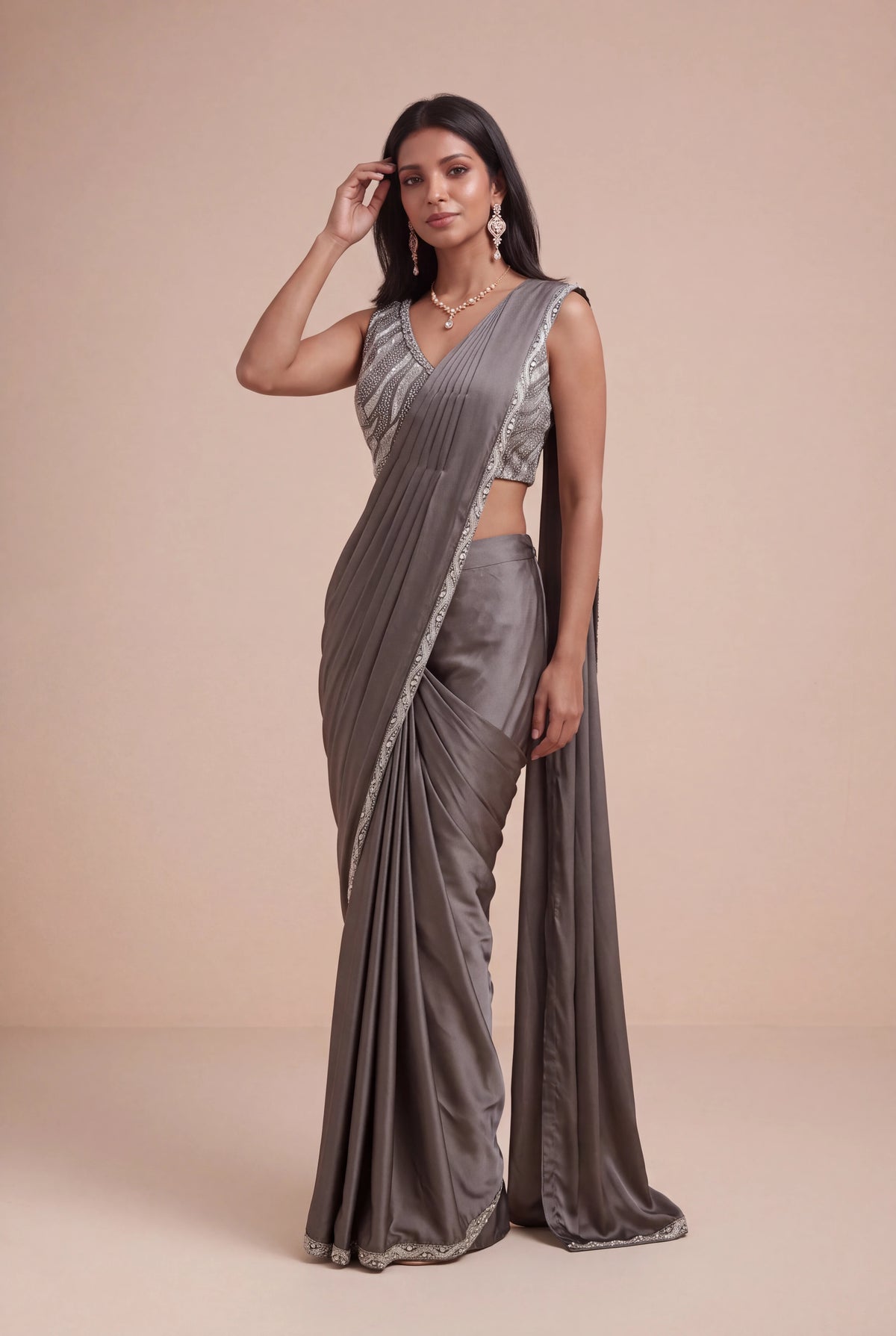 Charcoal Grey Satin Silk Pre-Draped Saree
