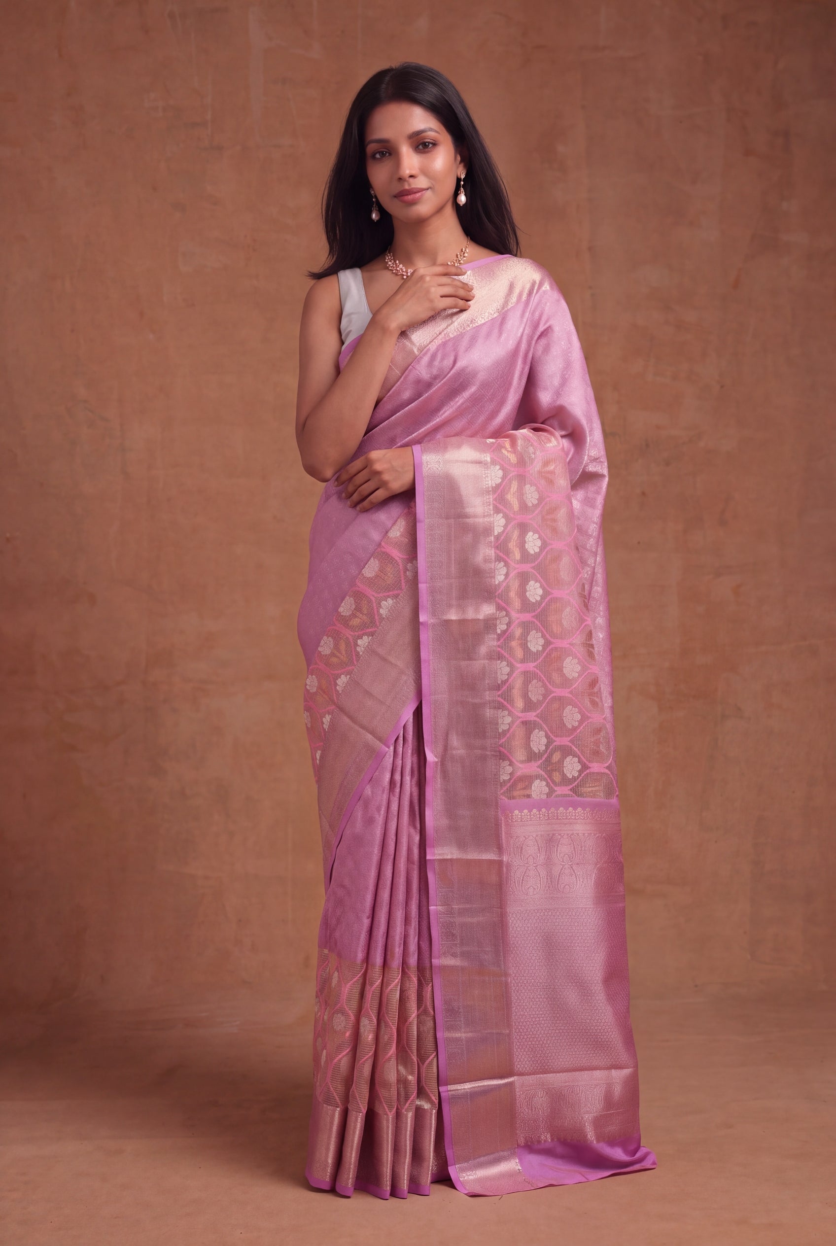 Lavender Pink Kanchivaram Silk Fusion Saree