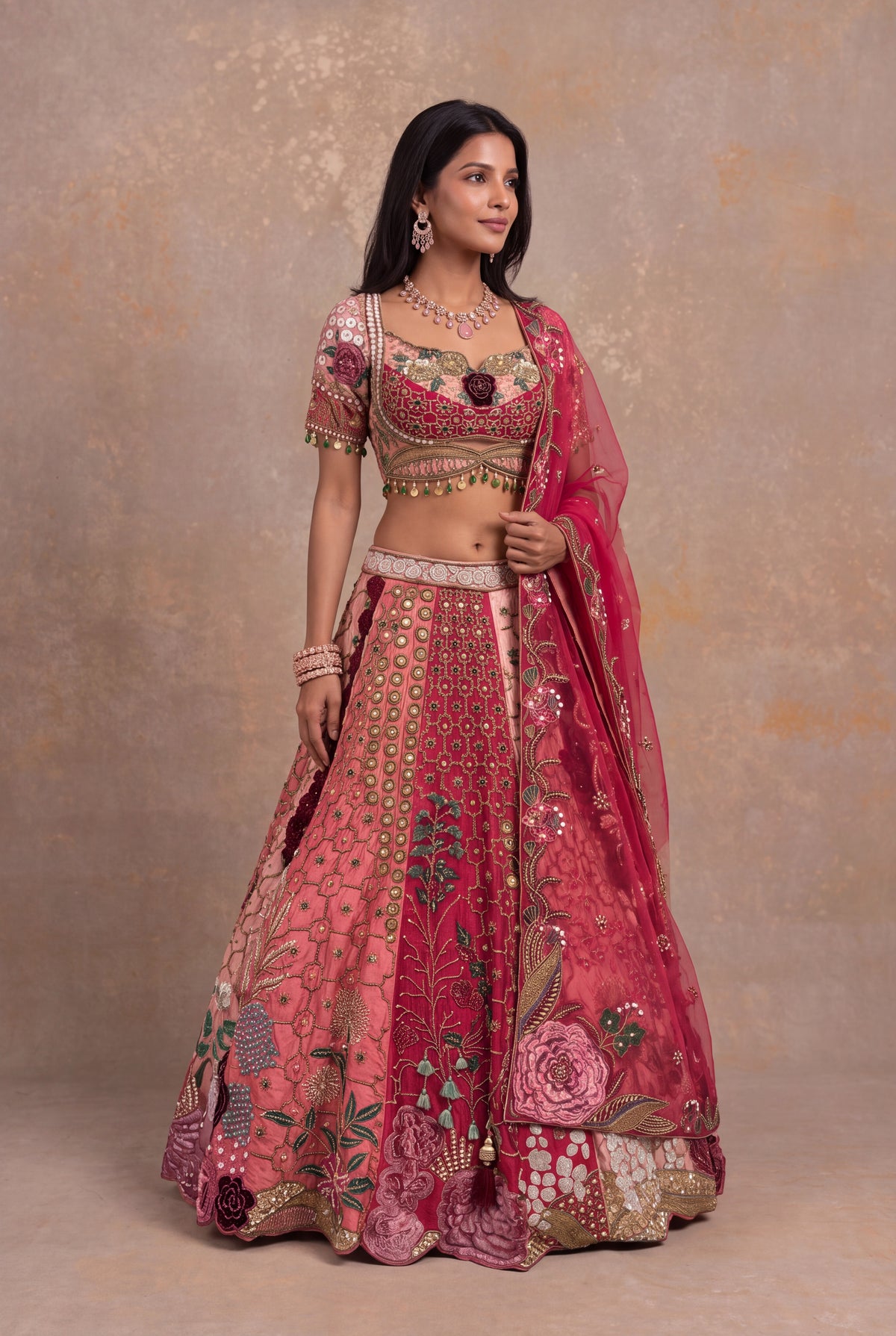 Multicolour Pink Raw Silk Embroidered Lehenga