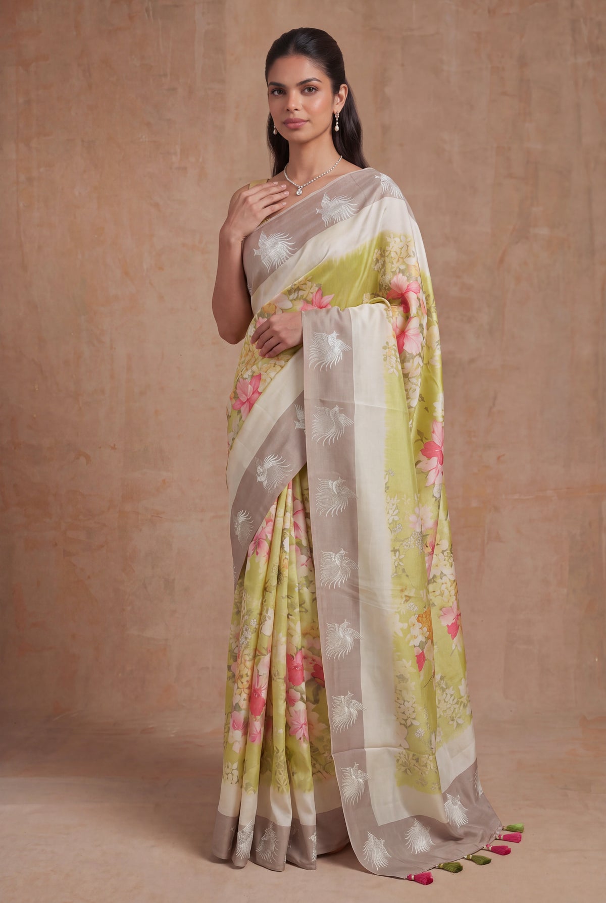 Lime Green Tussar Silk Saree