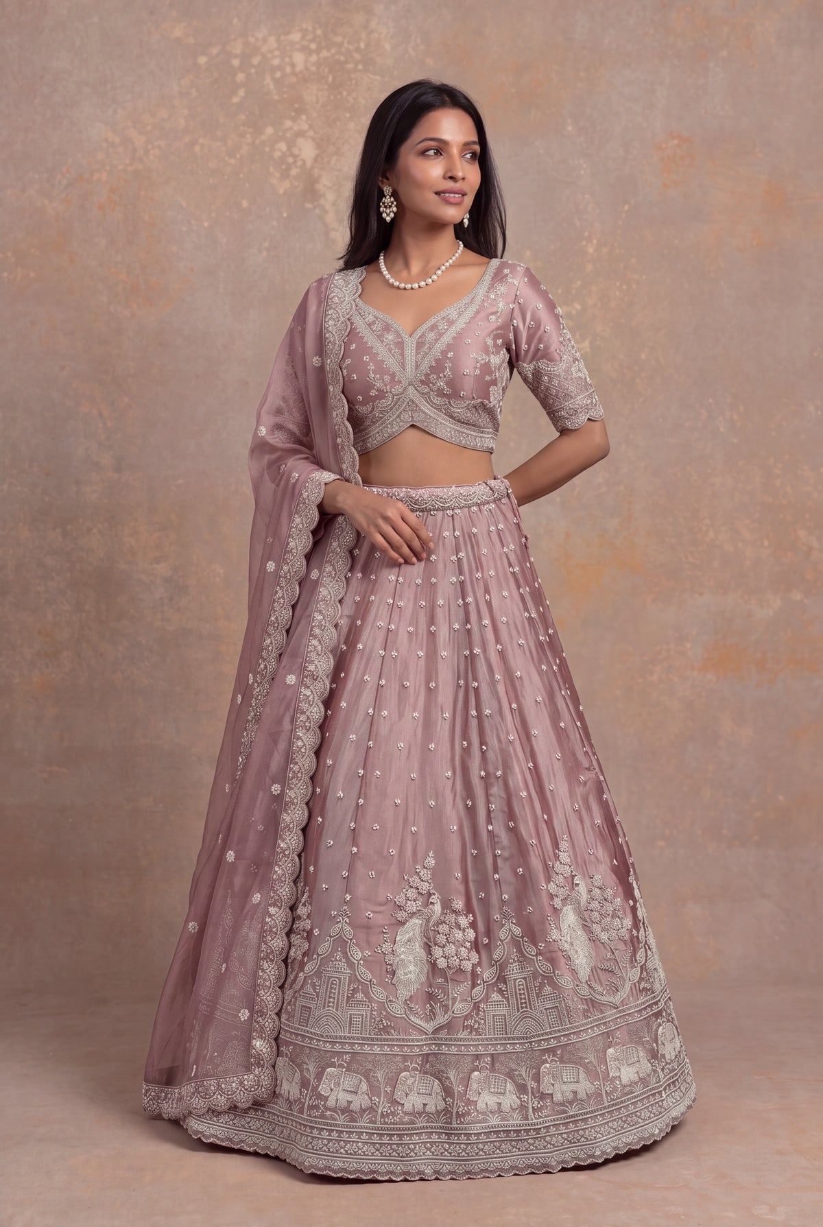 Dusty Rose Shimmer Organza Embroidered Lehenga