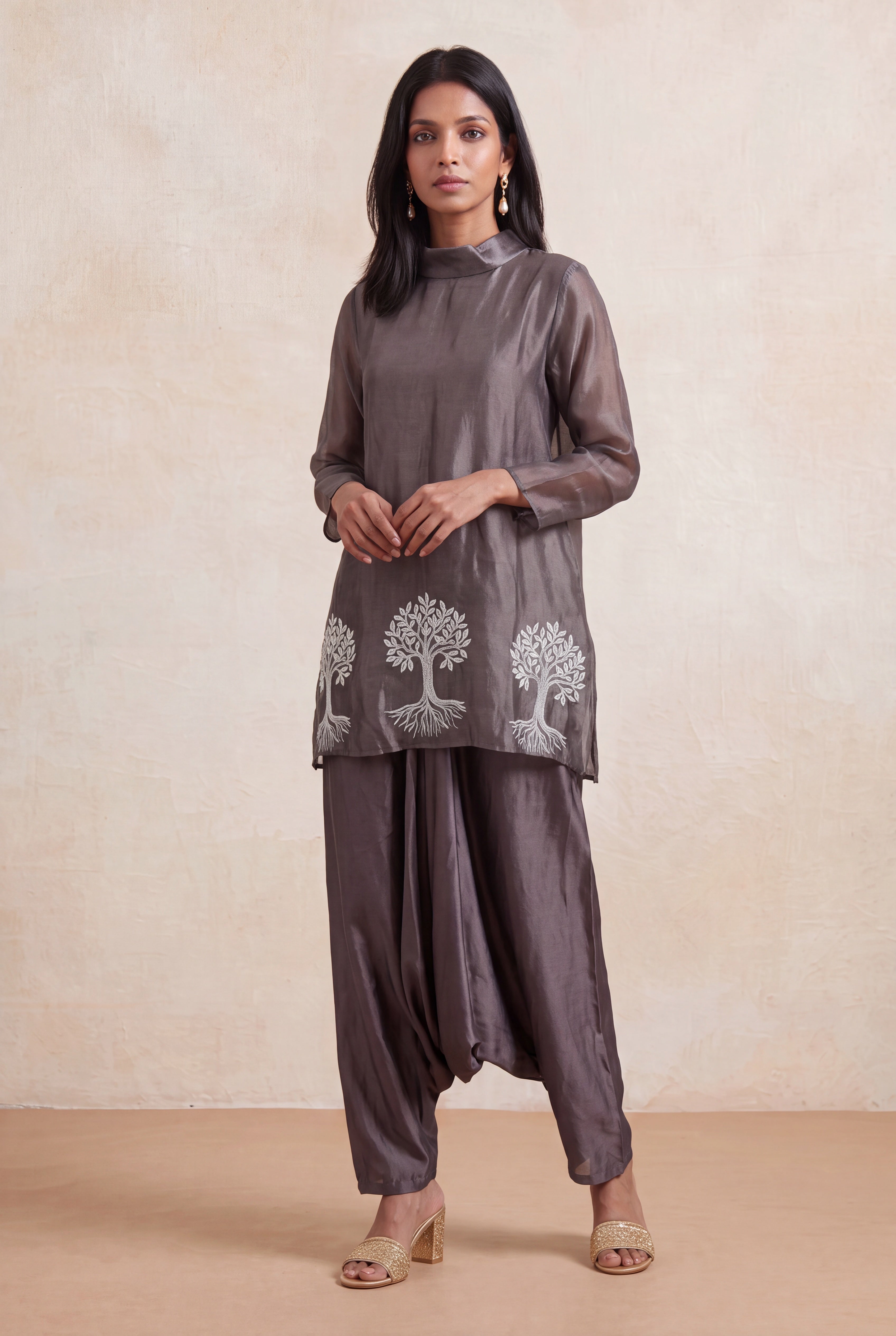 Steel Grey Tissue Indo-Western Co-Ord Set