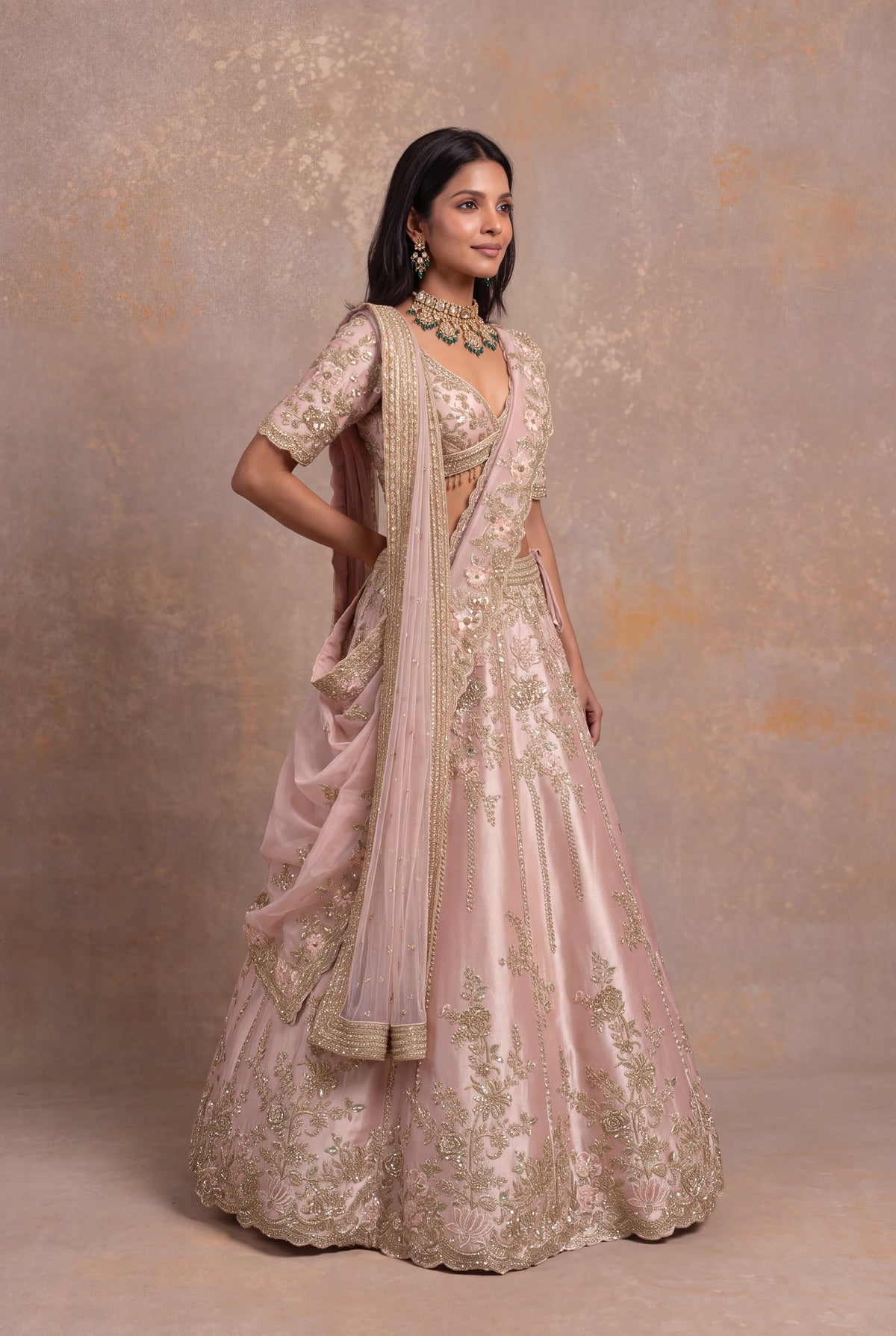 Baby Pink Tissue Silk Lehenga Set with Thread and Zardozi Work