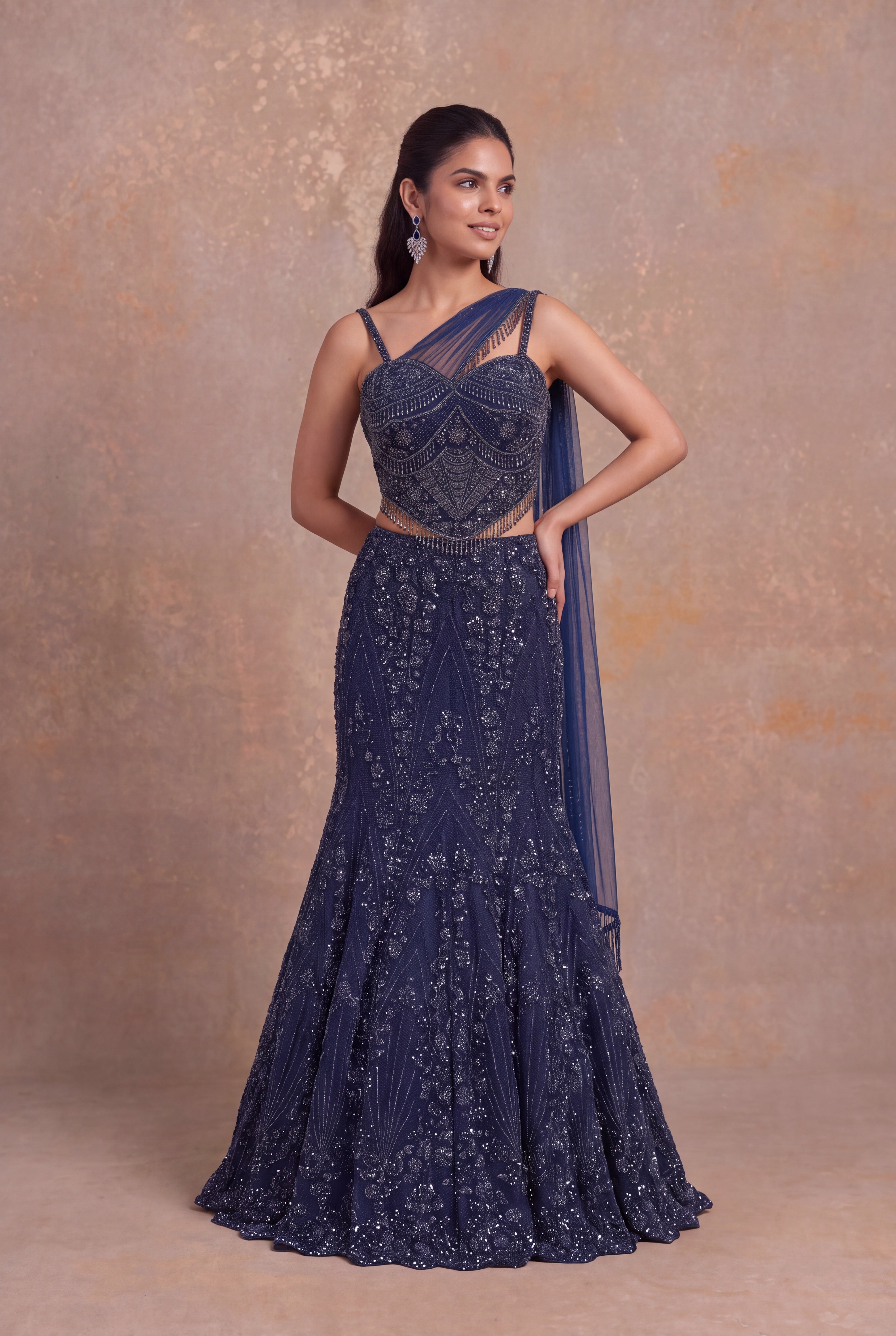 Navy Blue Net Lehenga with Corset Blouse and One-Shoulder Drape