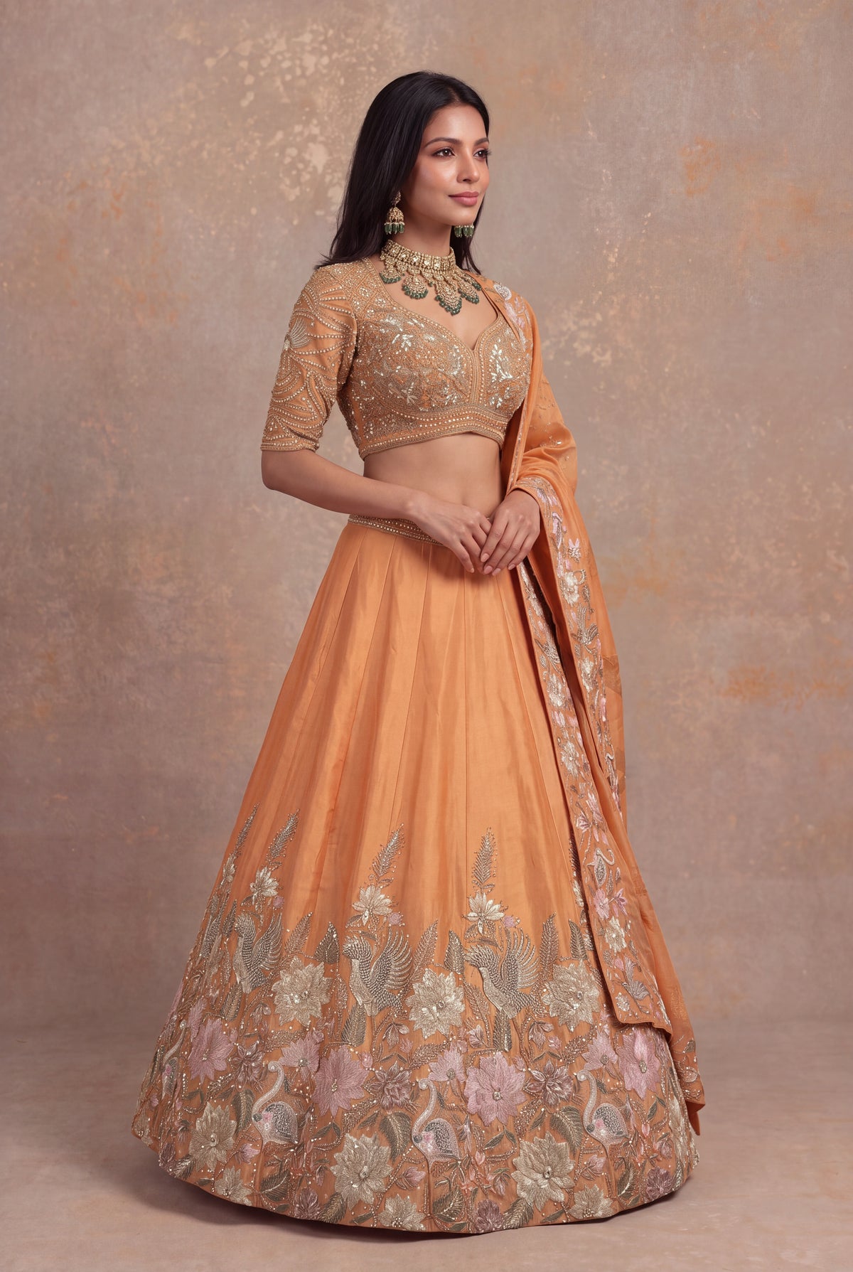 Light Orange Organza Tissue Floral Embroidered Lehenga