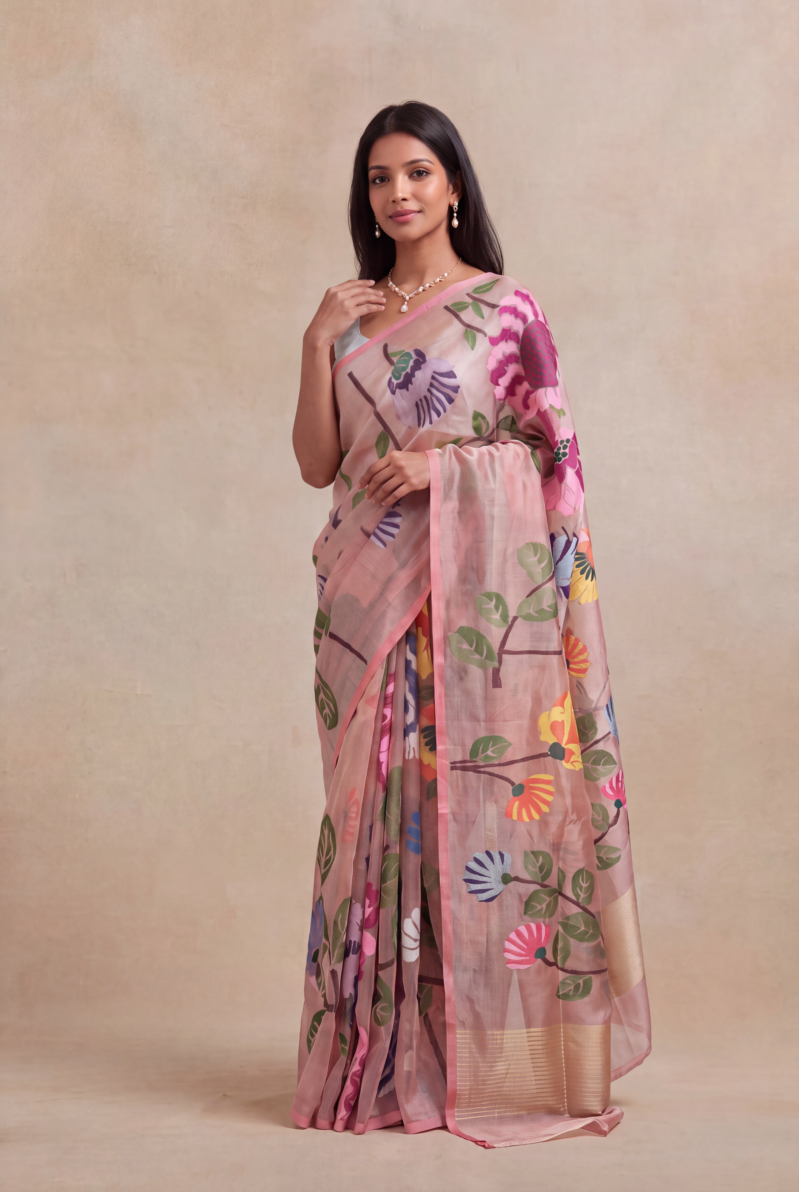 Peach Banarasi Tissue Silk Floral Jaal Saree