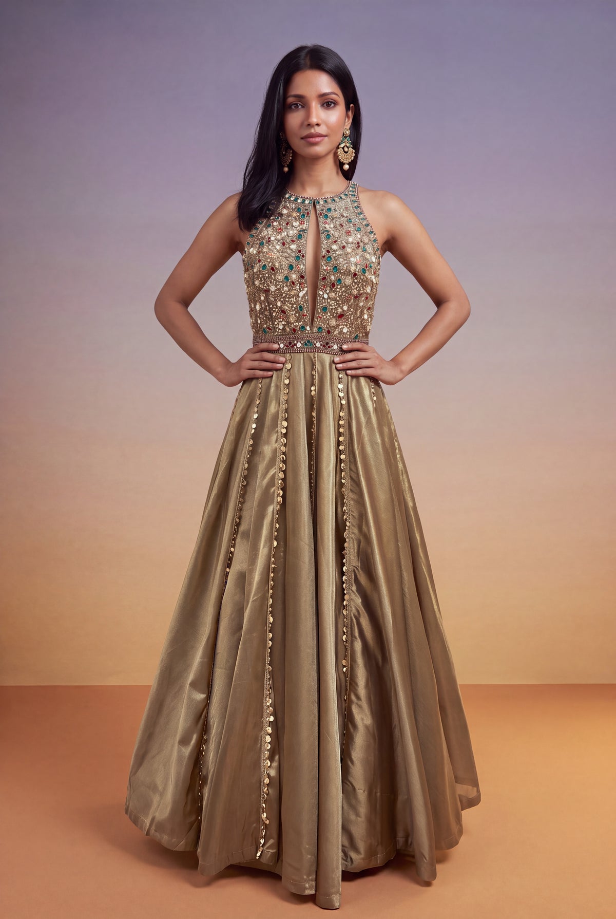 Gold Tissue Multicolour Sequin Gown