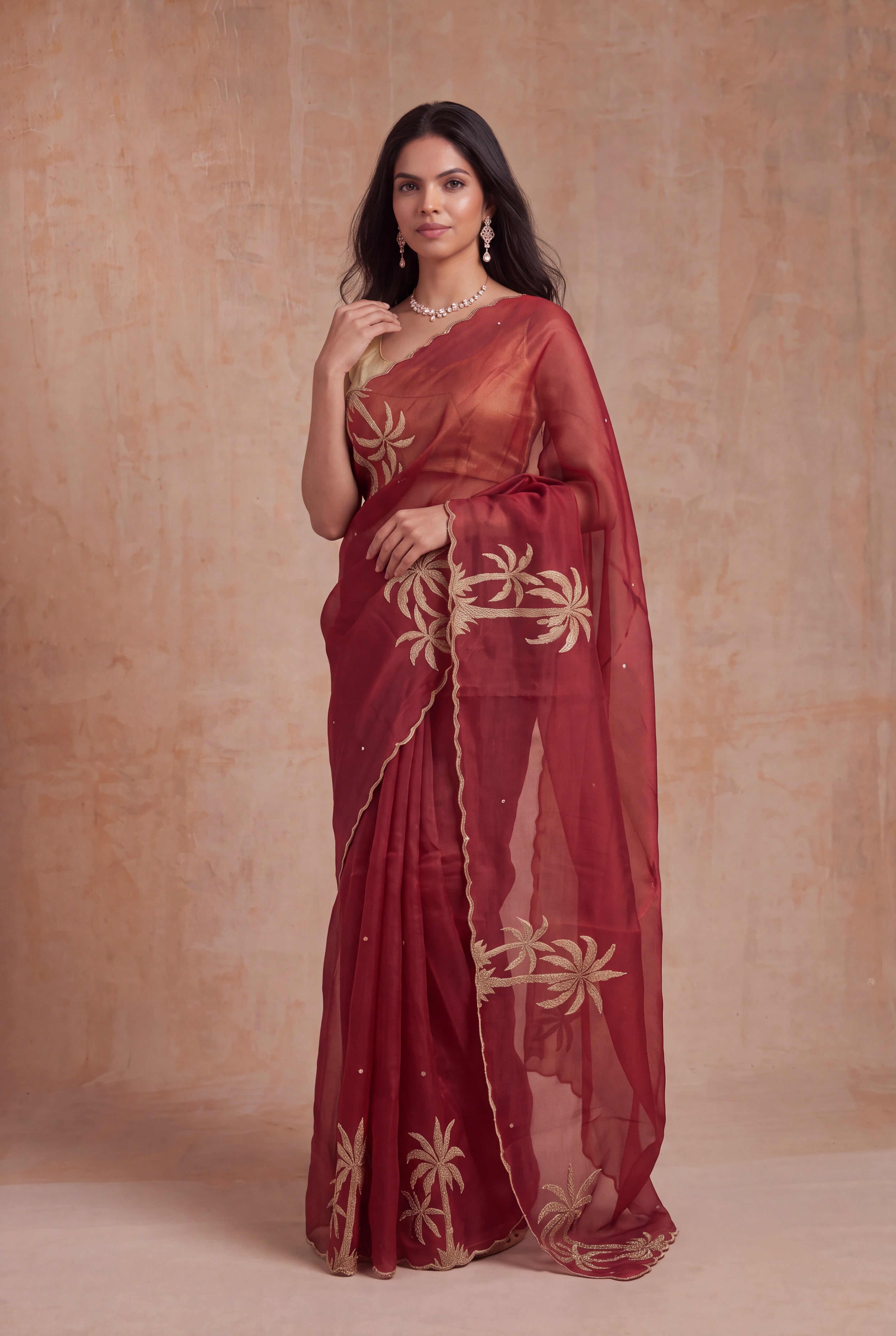 Dusty Rose Organza Saree with Gold Sequin Embroidery