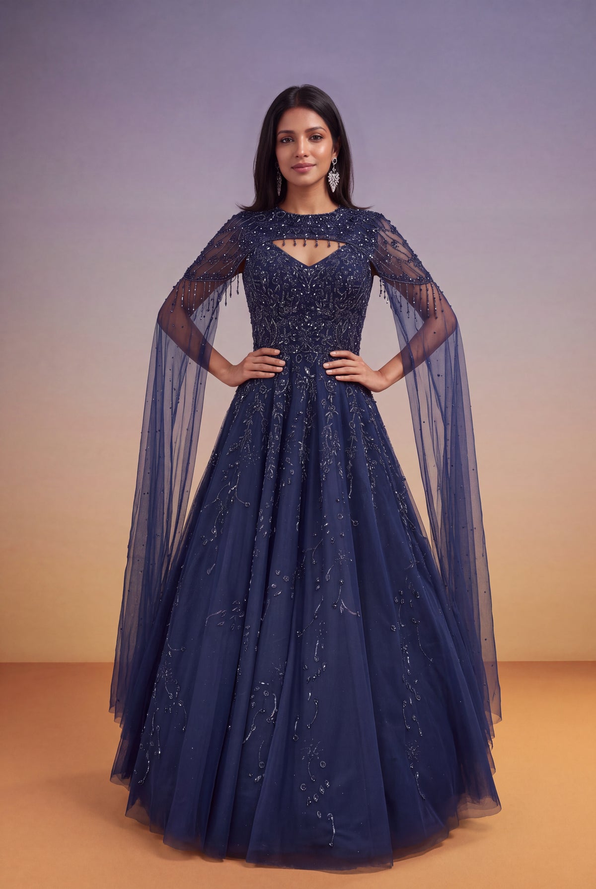 Navy Blue Katdana & Sequin Net Gown with Cape