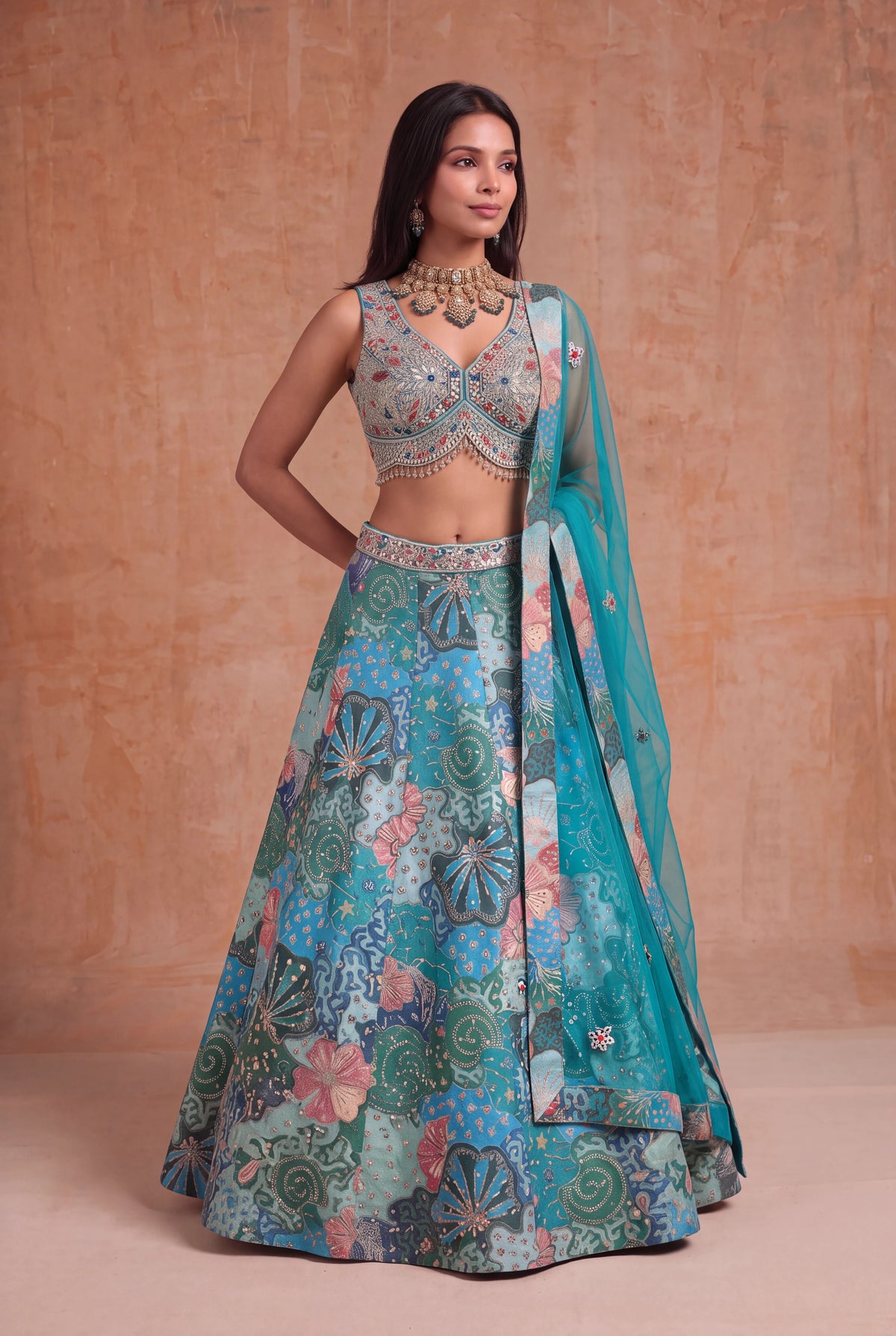 Teal Tissue Silk Floral Lehenga