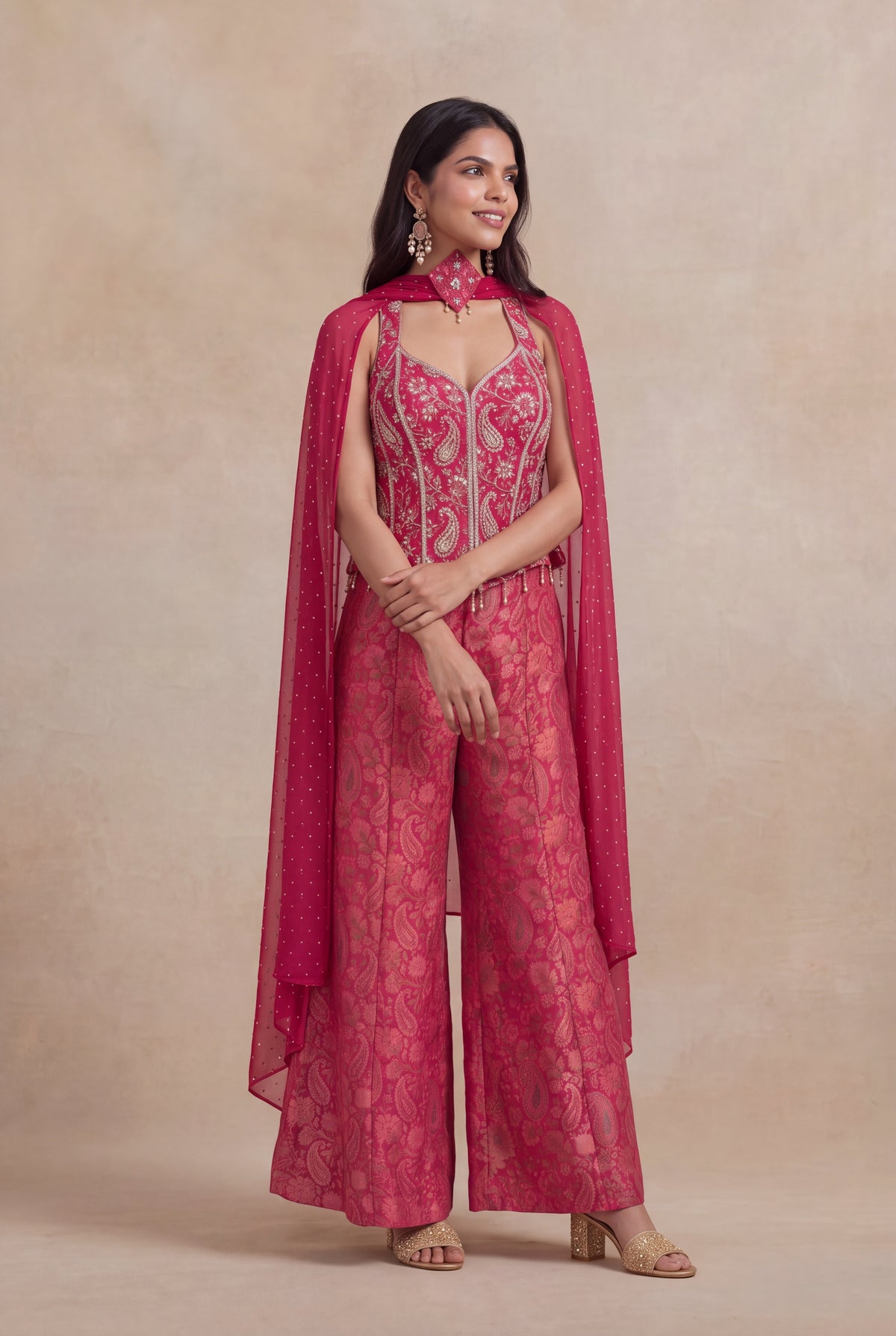 Pink Banarasi Indo-Western Palazzo Set with Embellished Corset