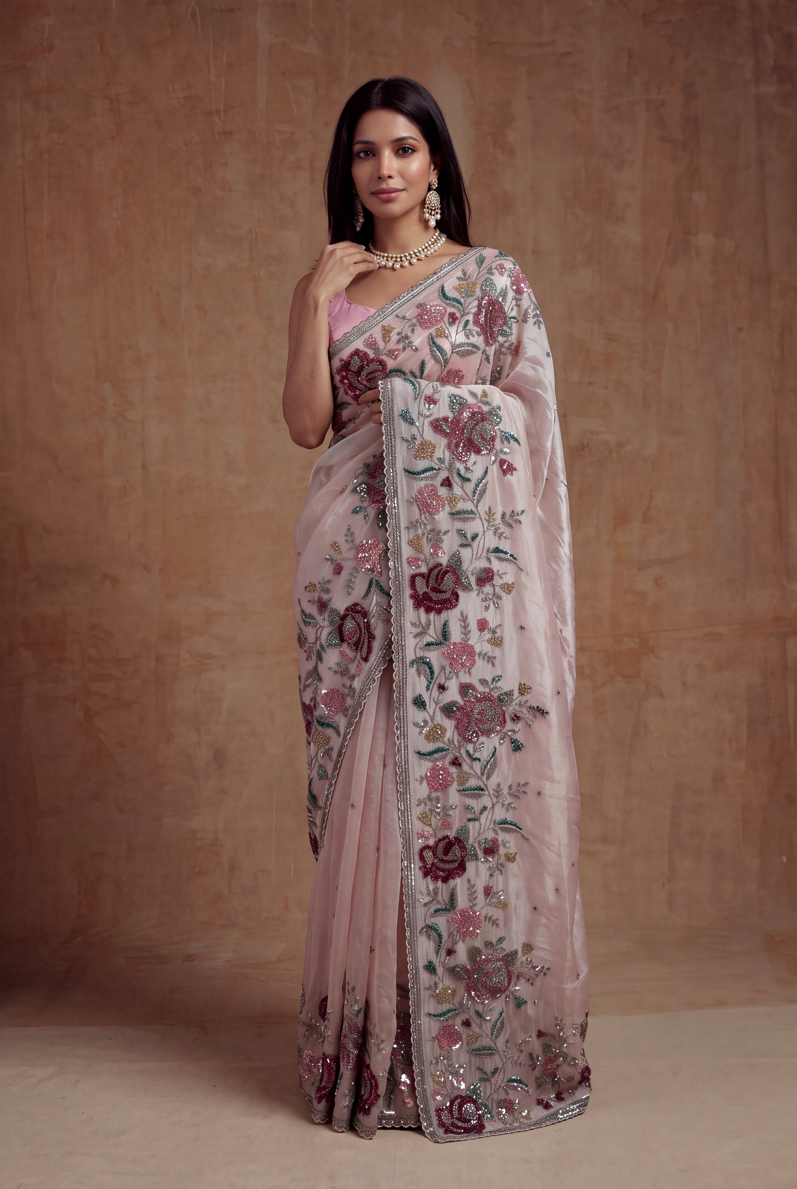 Blush Pink Tissue Organza Floral Sequin Saree