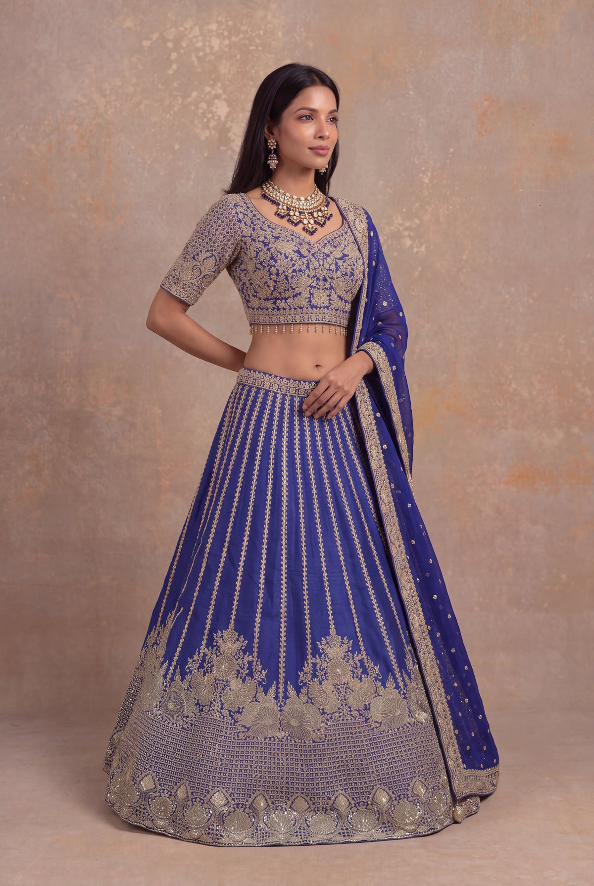 Ink Blue Raw Silk Lehenga Set with Zardozi Embroidery