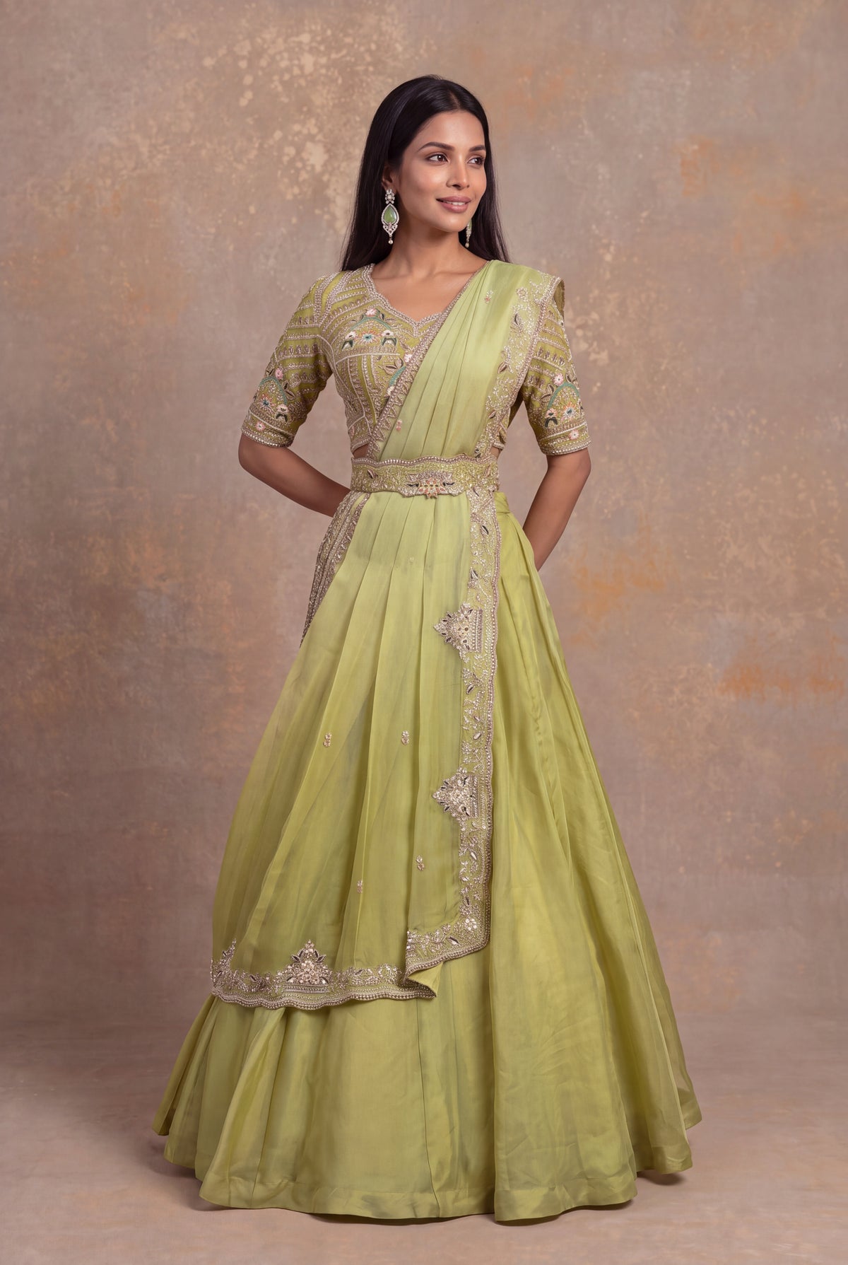 Pastel Green Organza Draped Lehenga