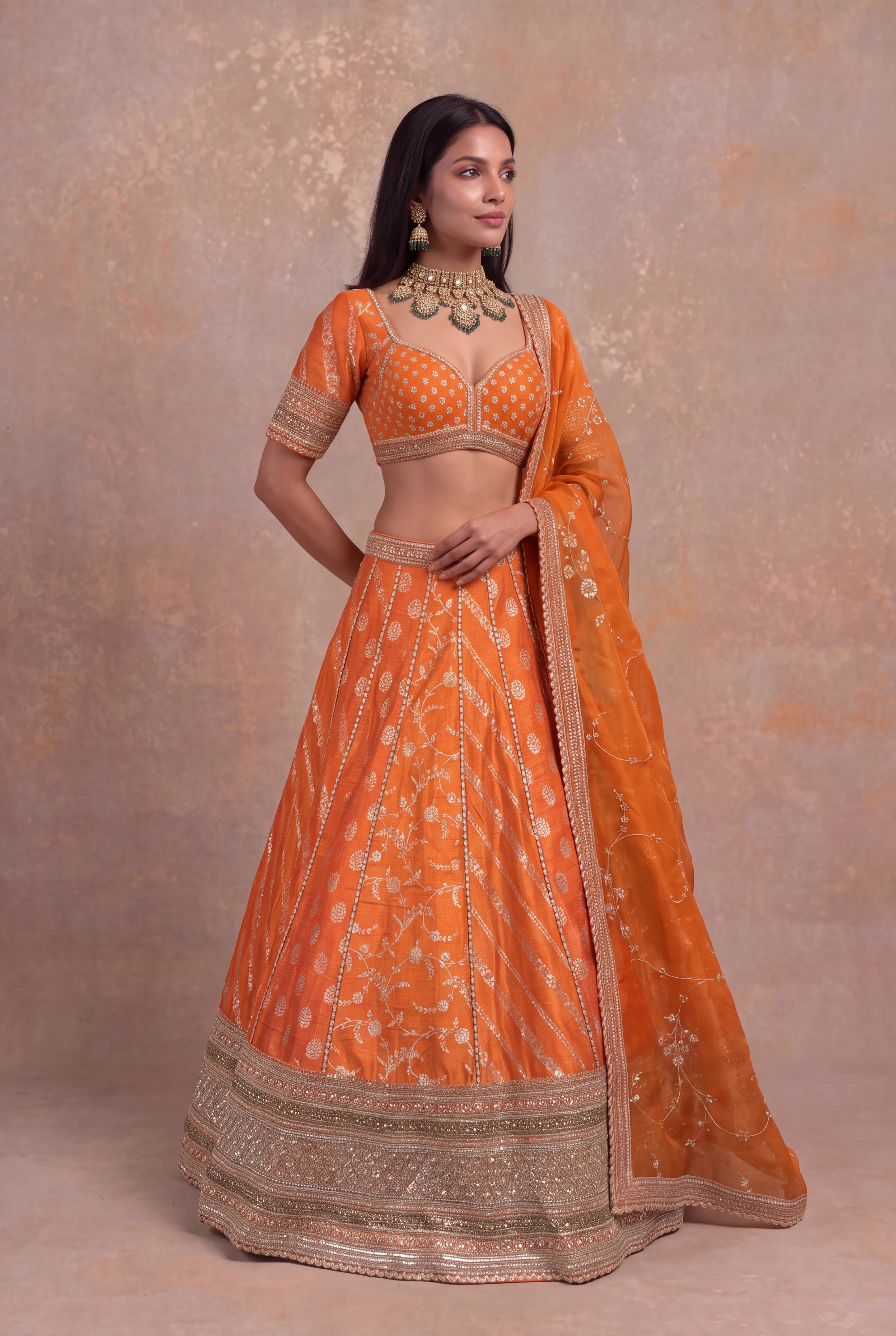 Orange Banarasi Raw Silk Lehenga