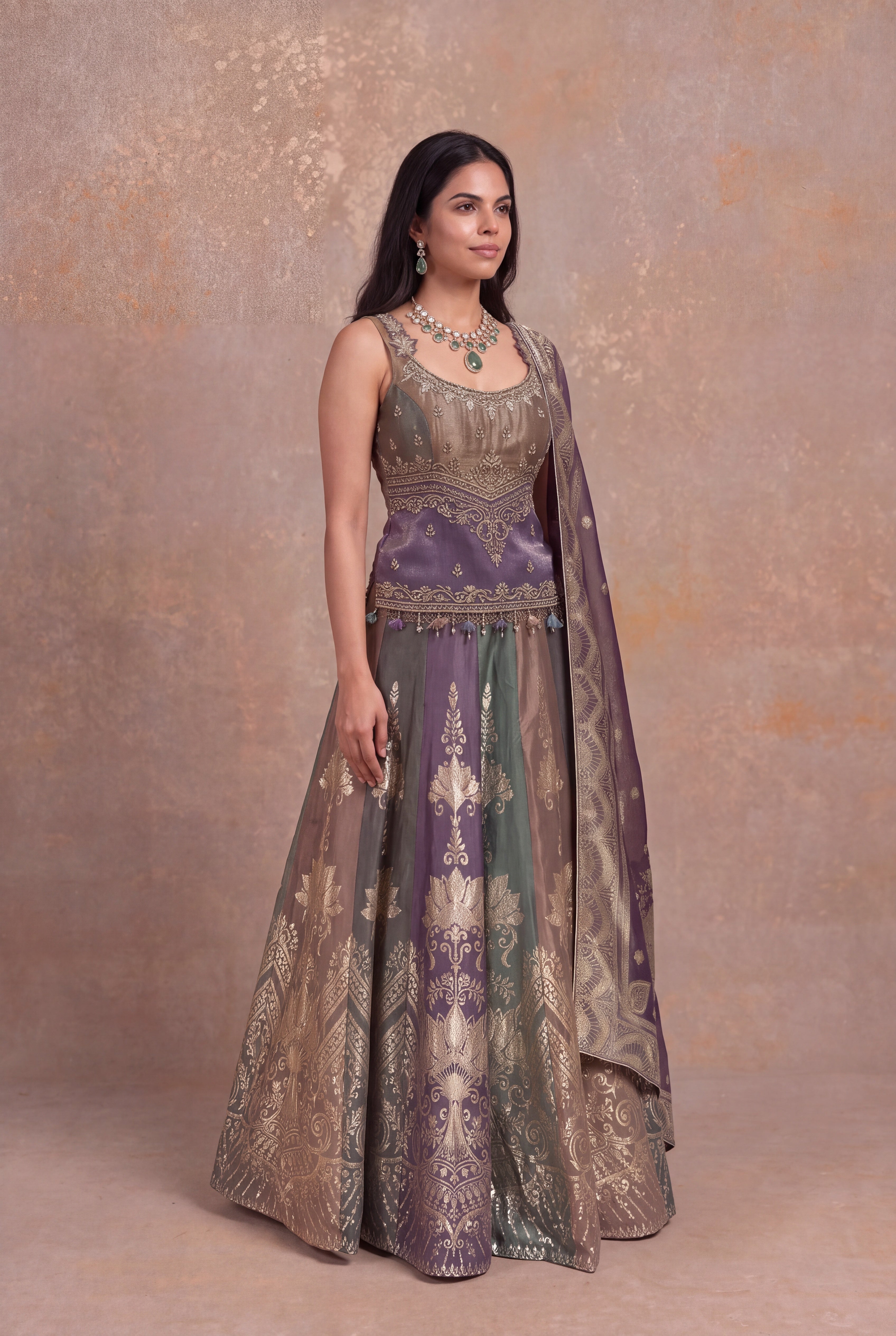 Multicolor Banarasi Tissue Lehenga with Zardosi & Pearl Work
