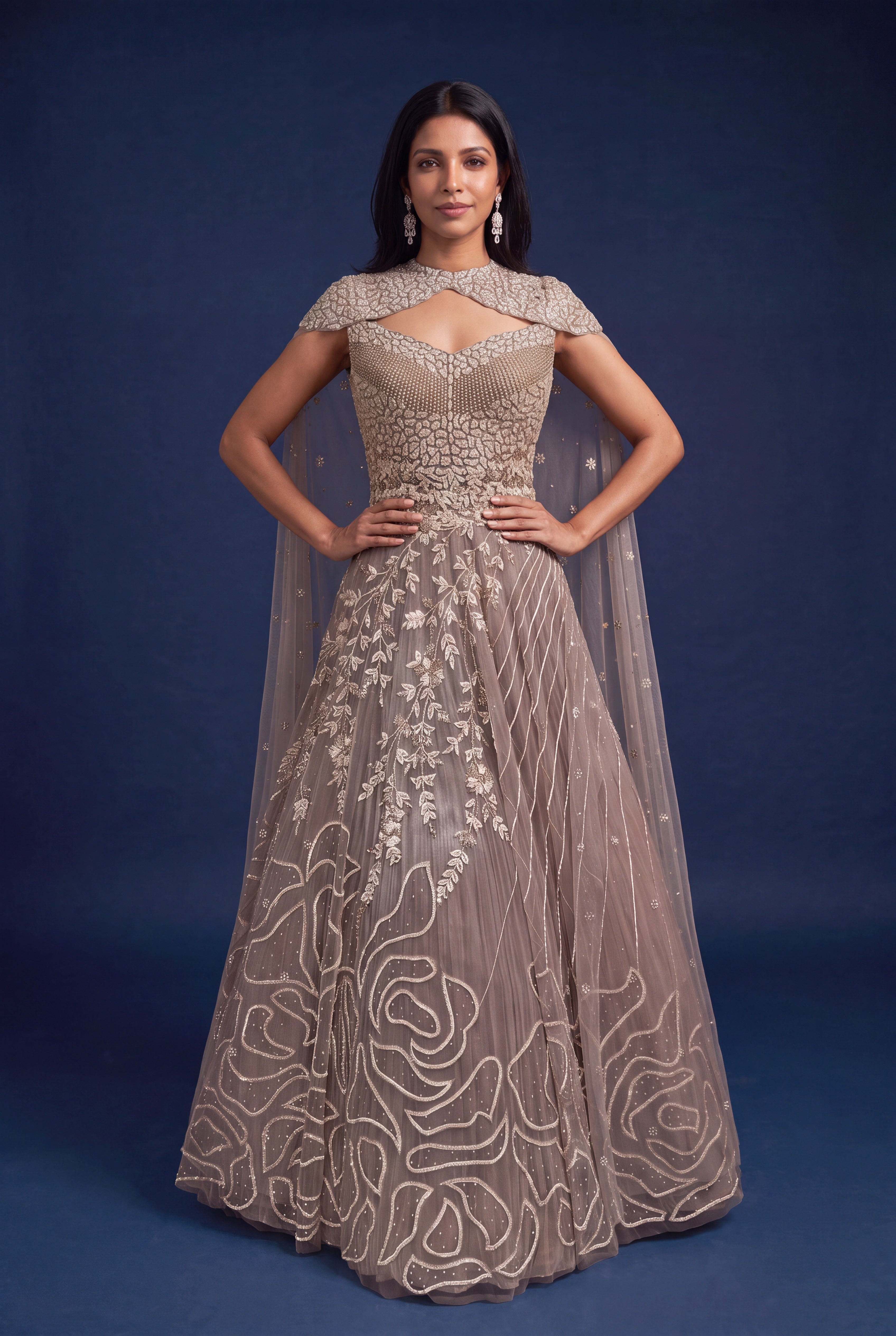 Mauve Net Gown with Cape Sleeve Drape and Rose Embroidery