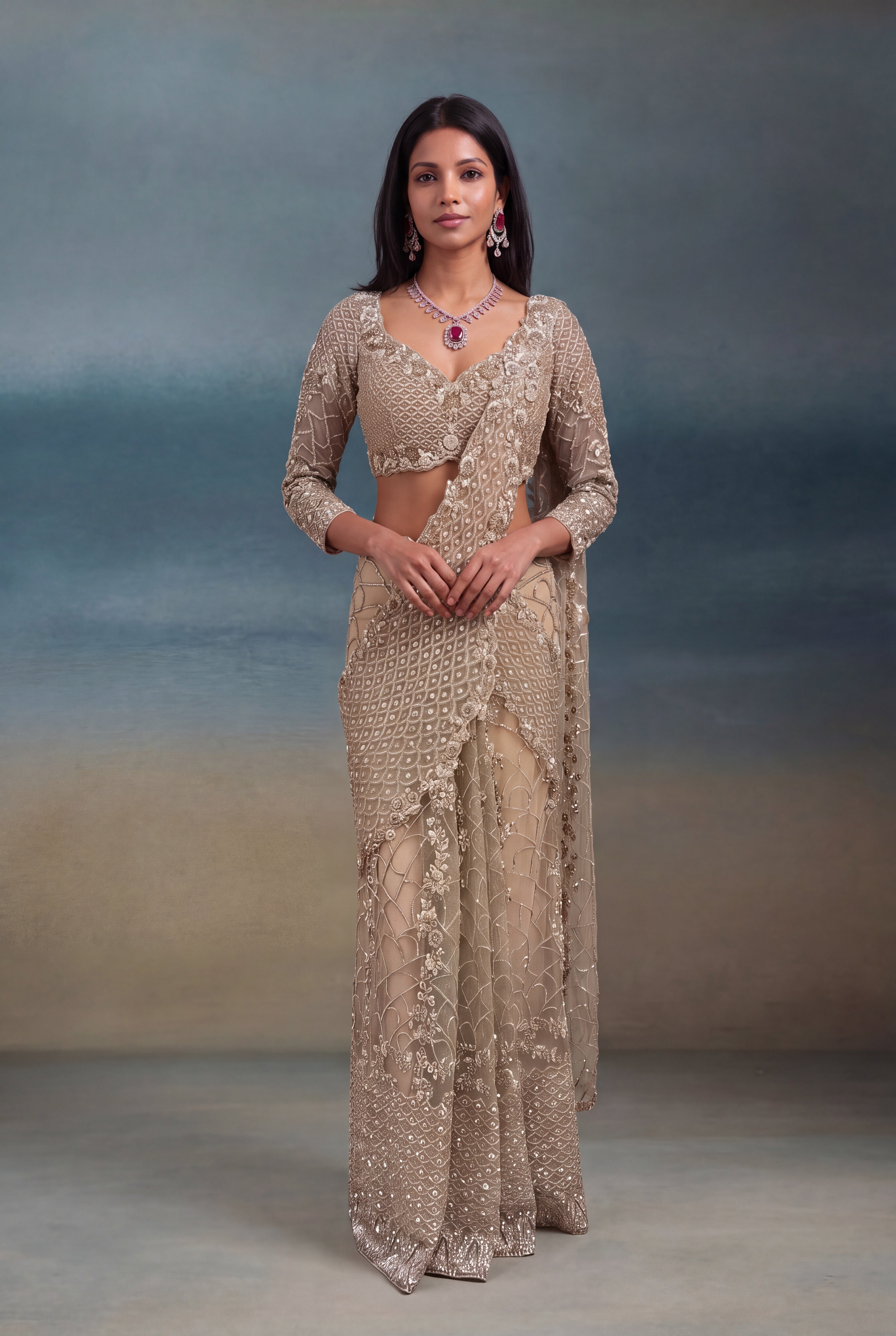 Gold Net Saree with Sequin & Kutdana Embroidery