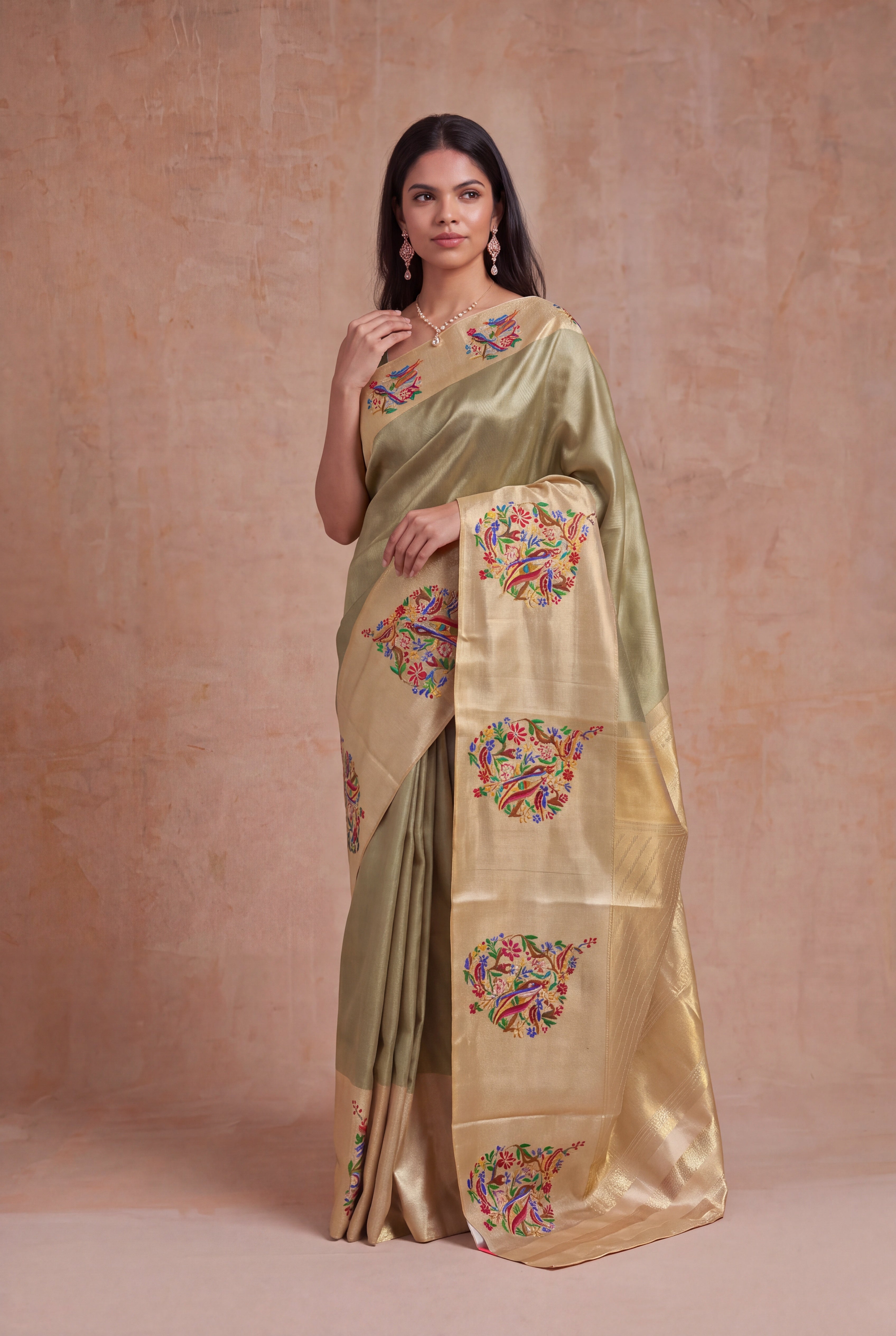 Pista Tissue Kanchivaram Silk Saree with Multicolour Motifs