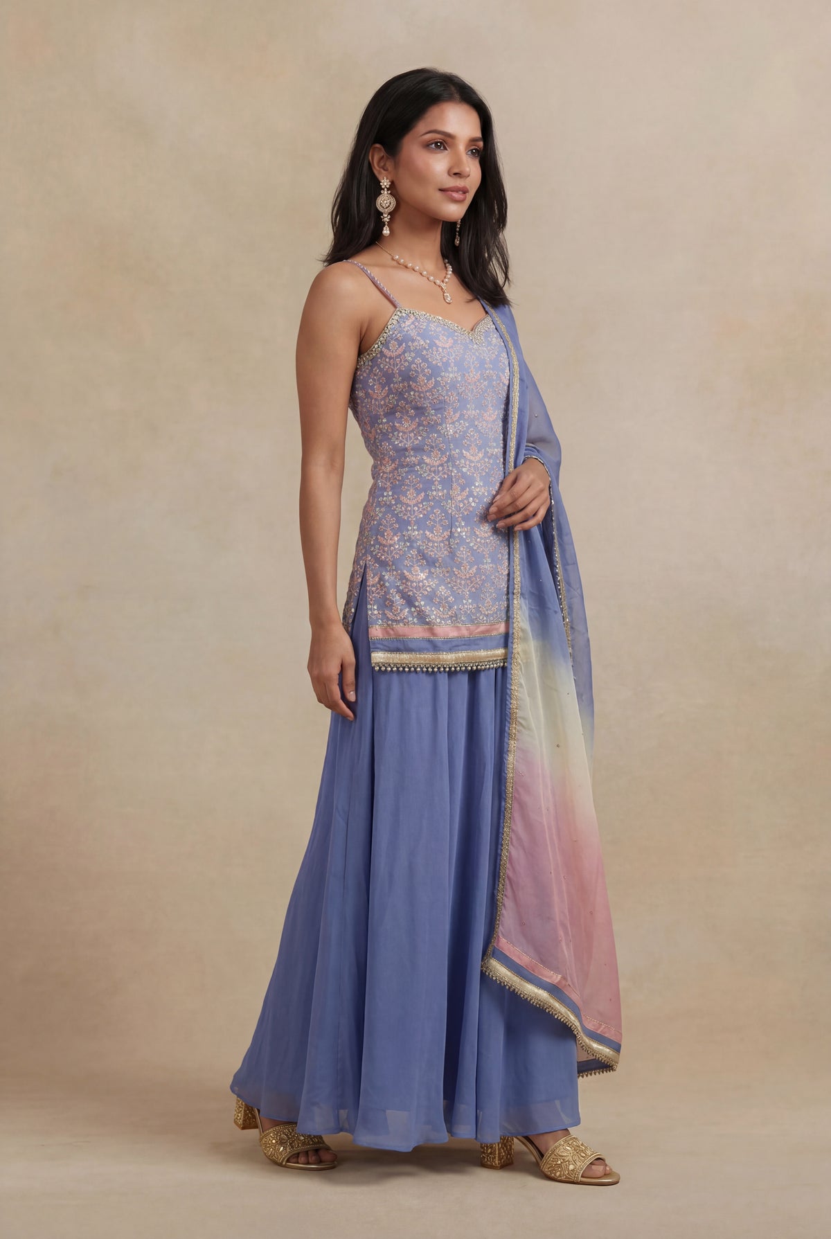 Periwinkle Blue Silk Mirror Work Indo Western Set