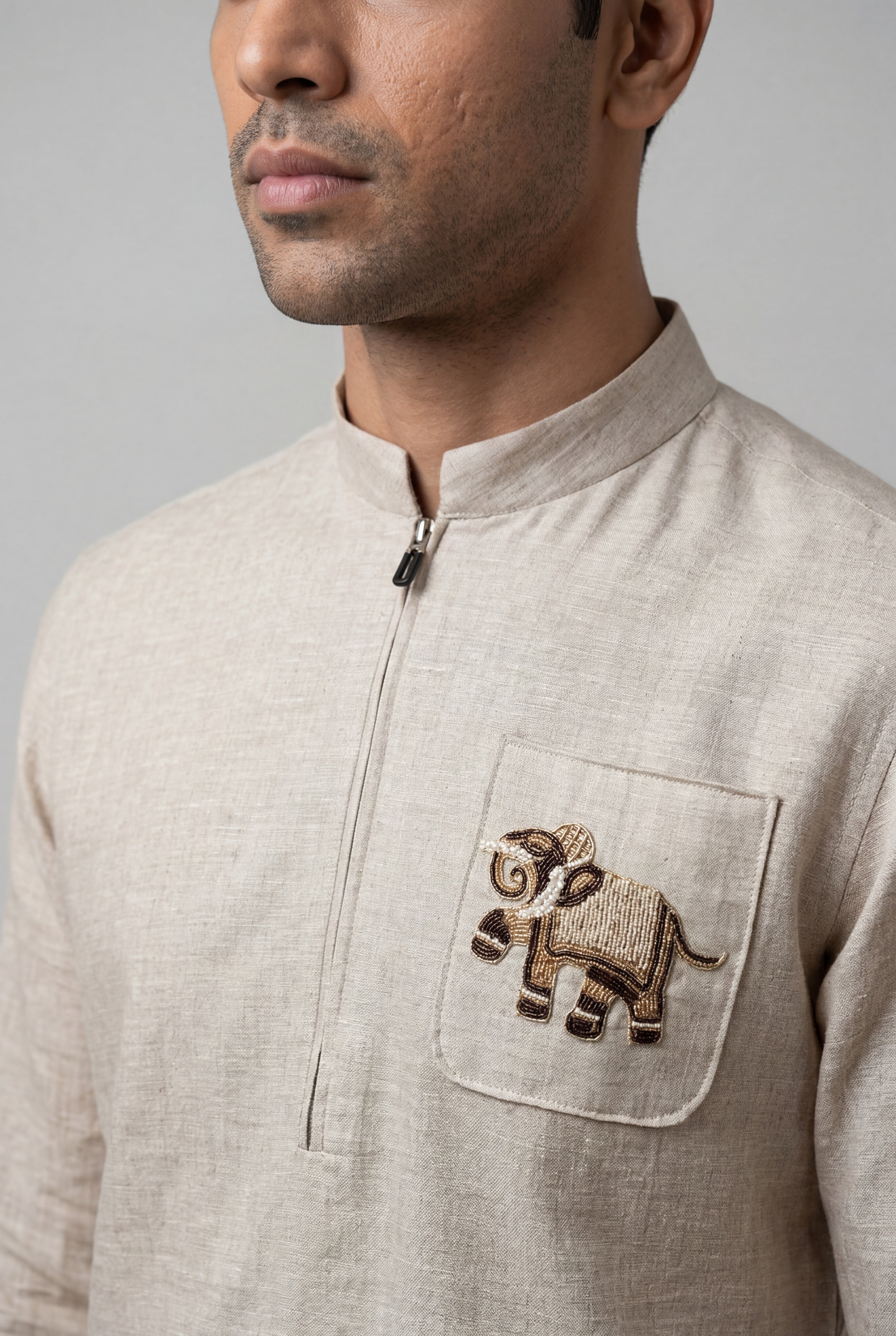 Beige Linen Chinese Collar Short Kurta