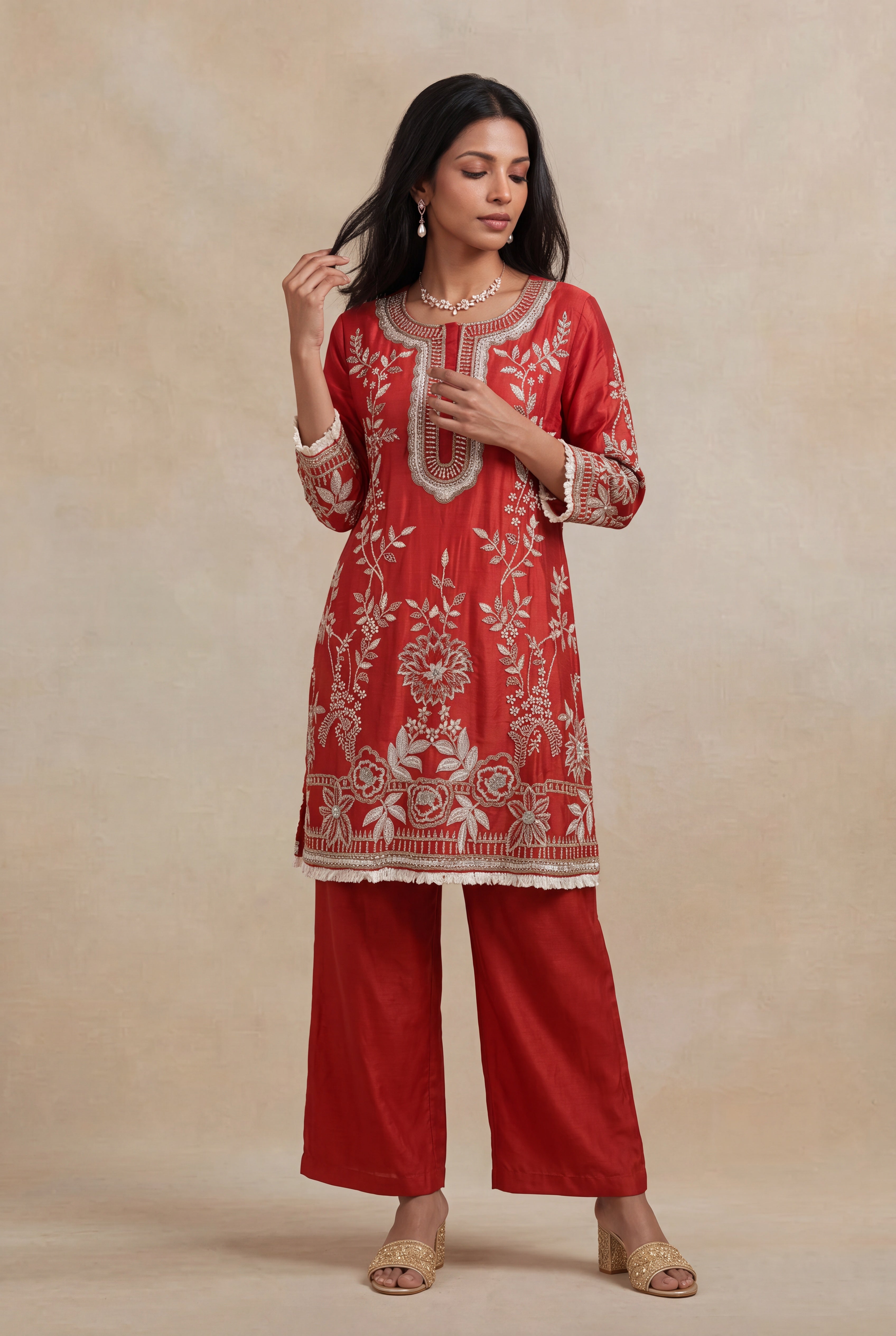 Rust Red Raw Silk Indo-Western Co-Ord Set