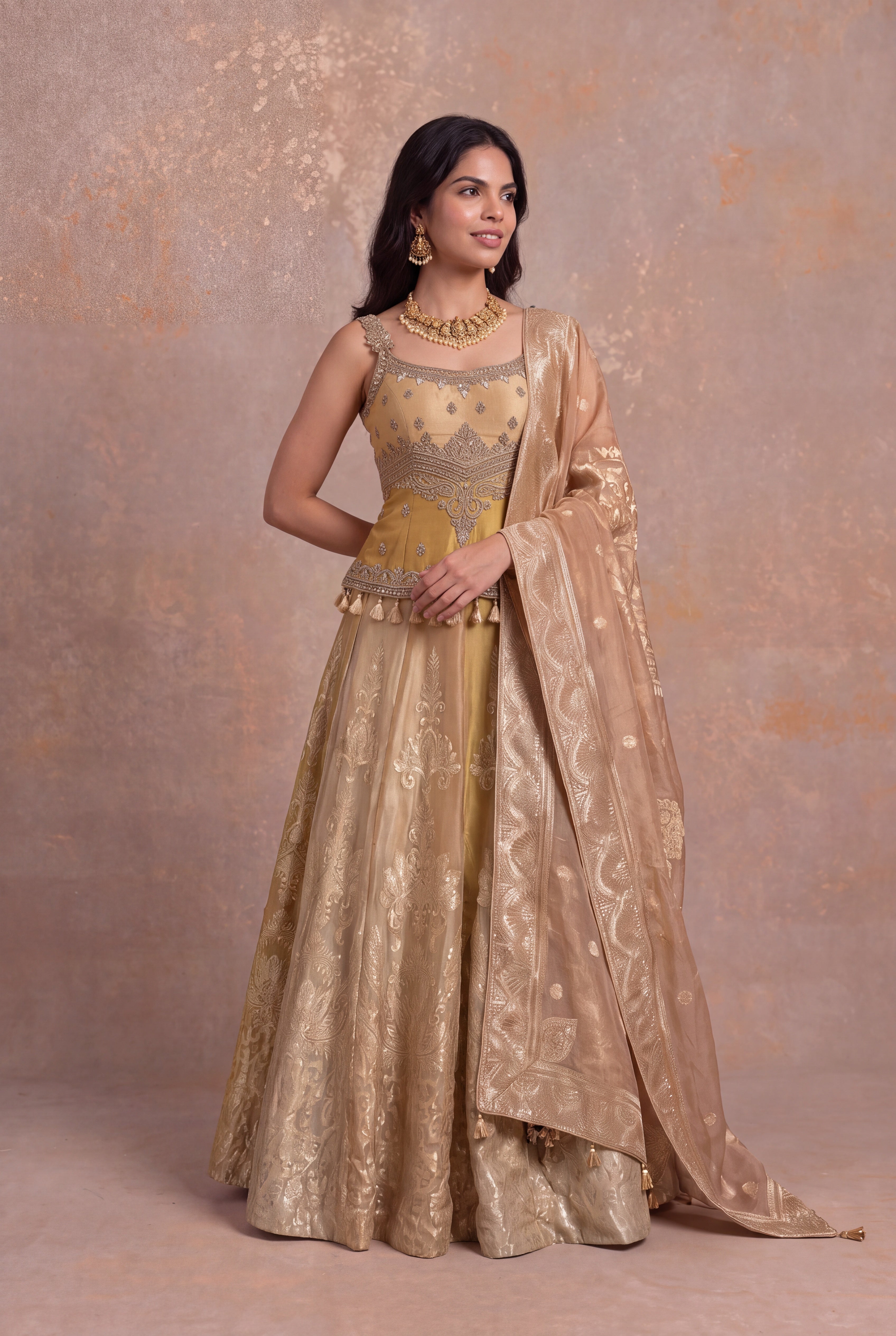 Gold Banarasi Tissue Lehenga with Zardosi & Pearl Work