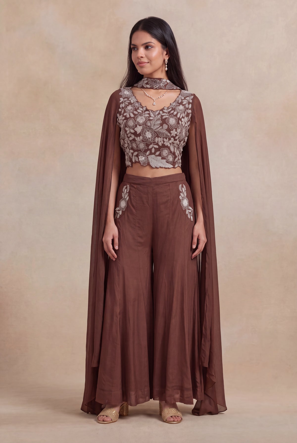 Brown Georgette Indo-Western Palazzo Set