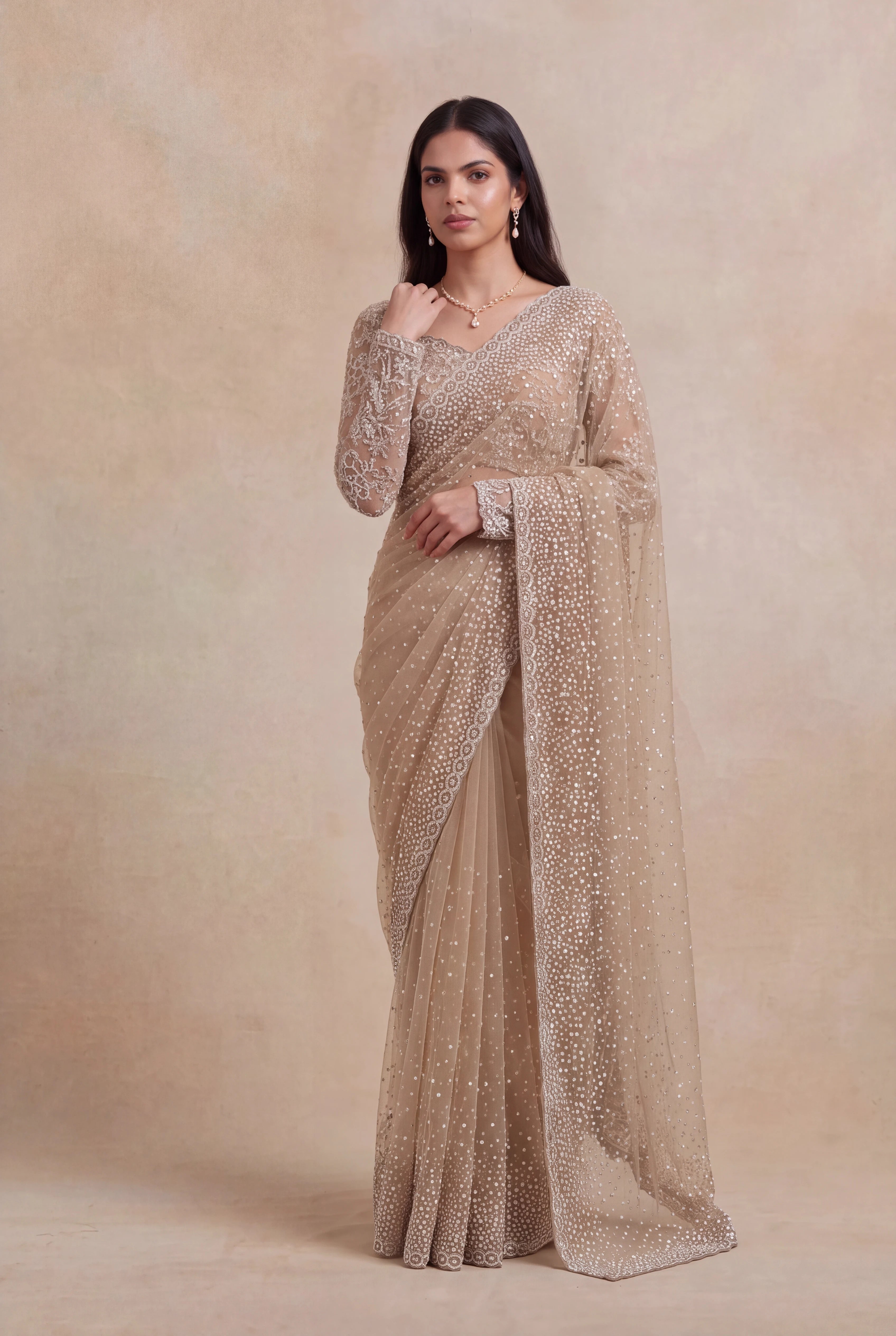 Champagne Beige Net Designer Saree