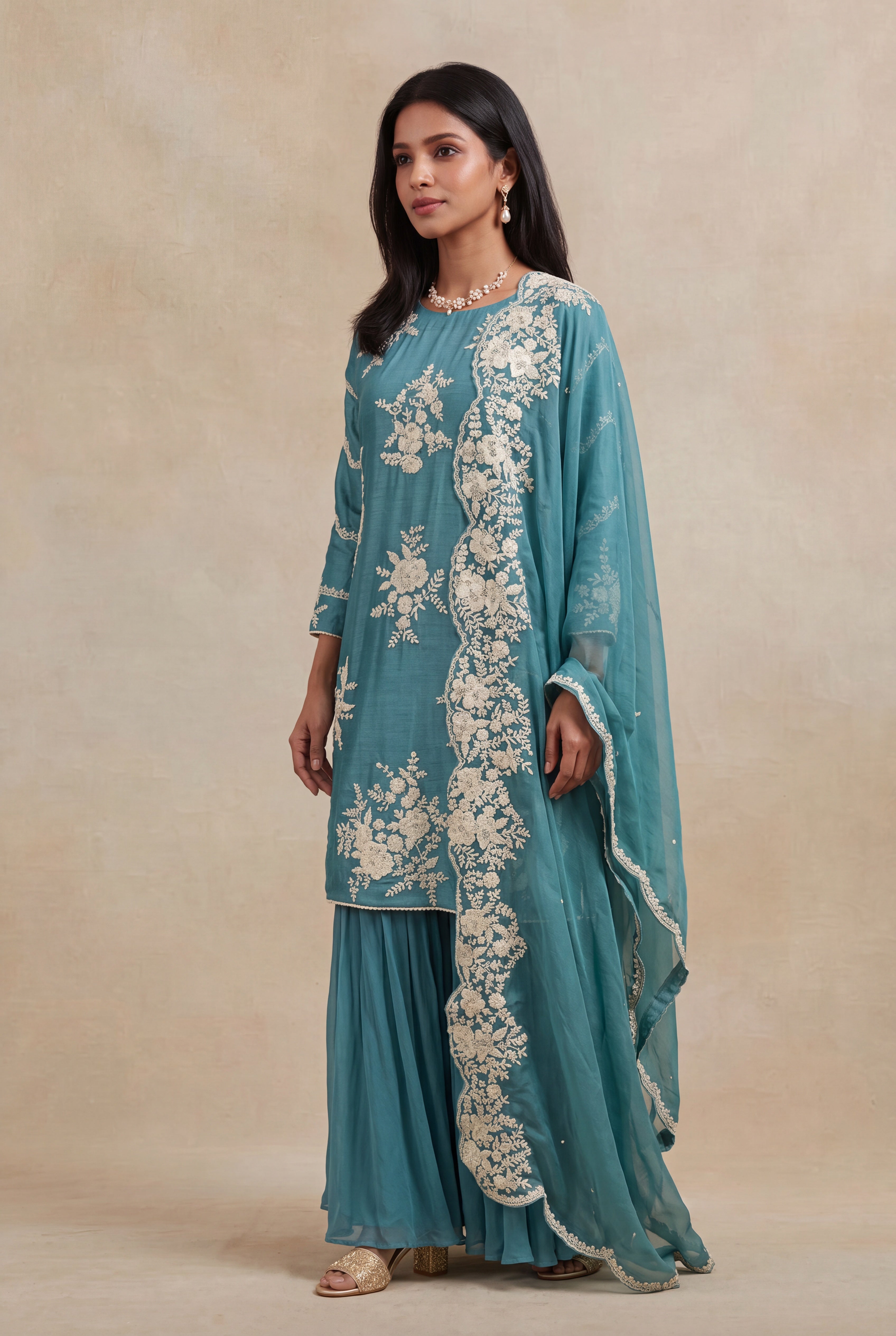 Teal Blue Raw Silk Sharara Set with Pearl Embroidery