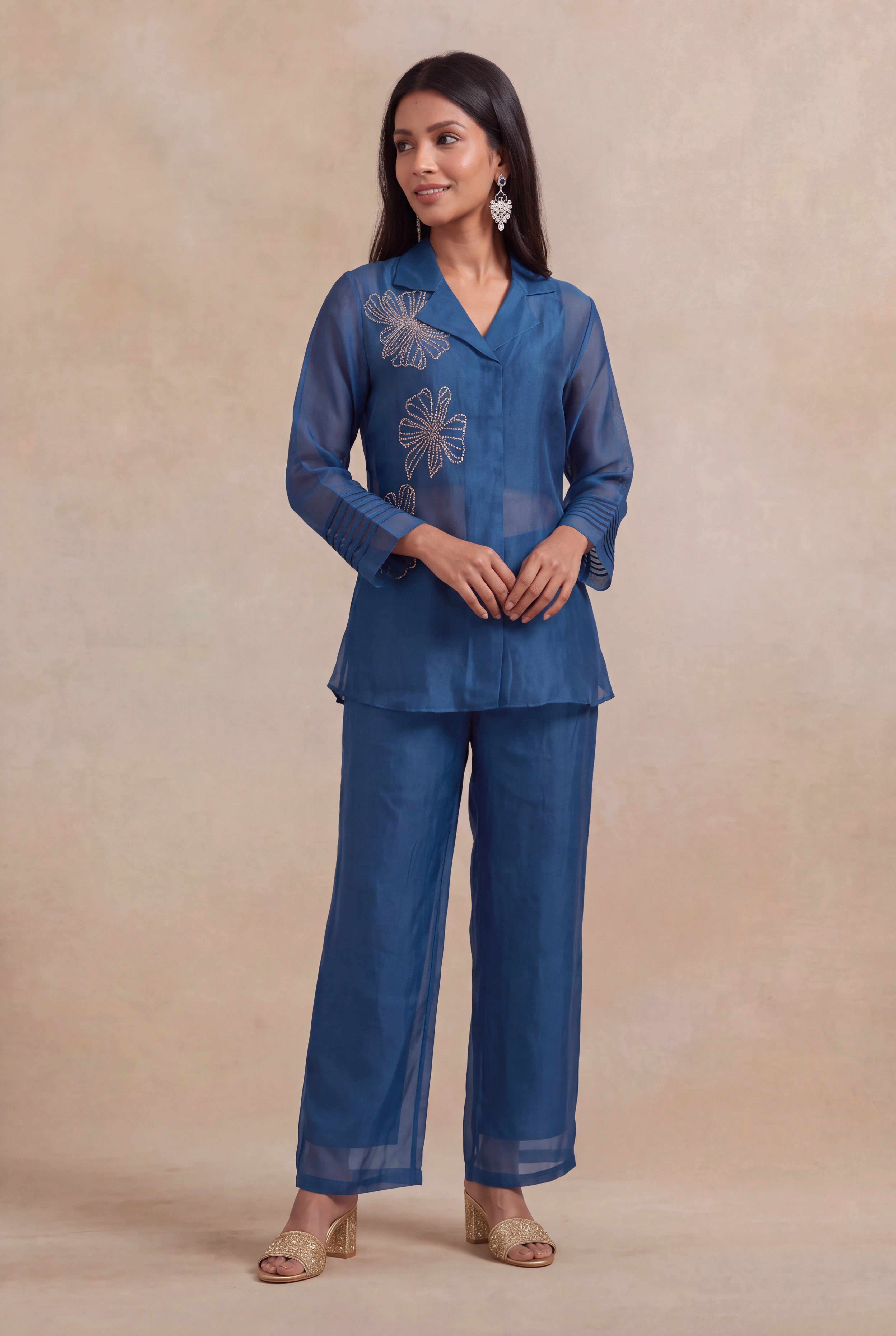 Teal Blue Organza Katdana Co-ord Set