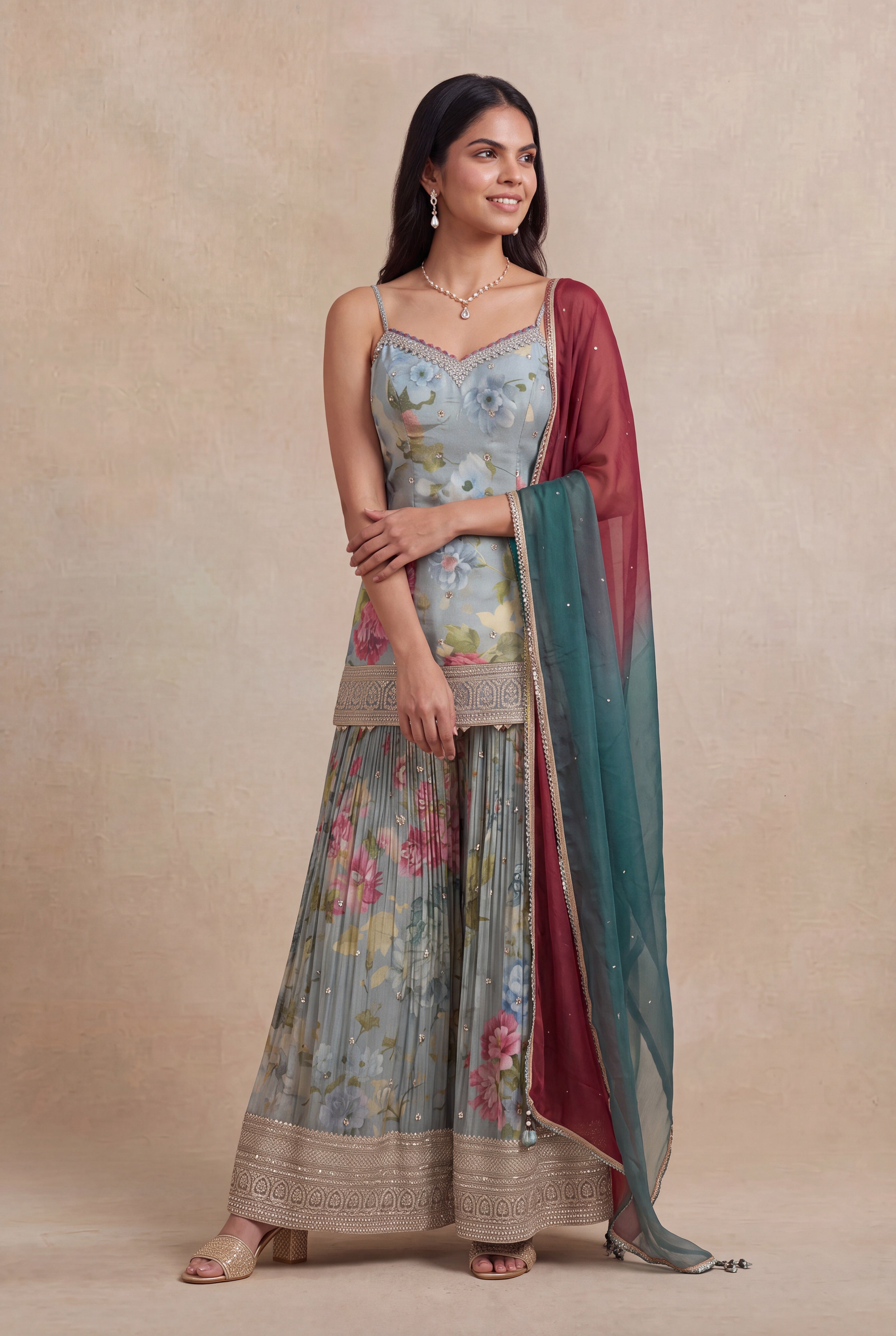 Floral Tissue Indo-Western Sharara Set