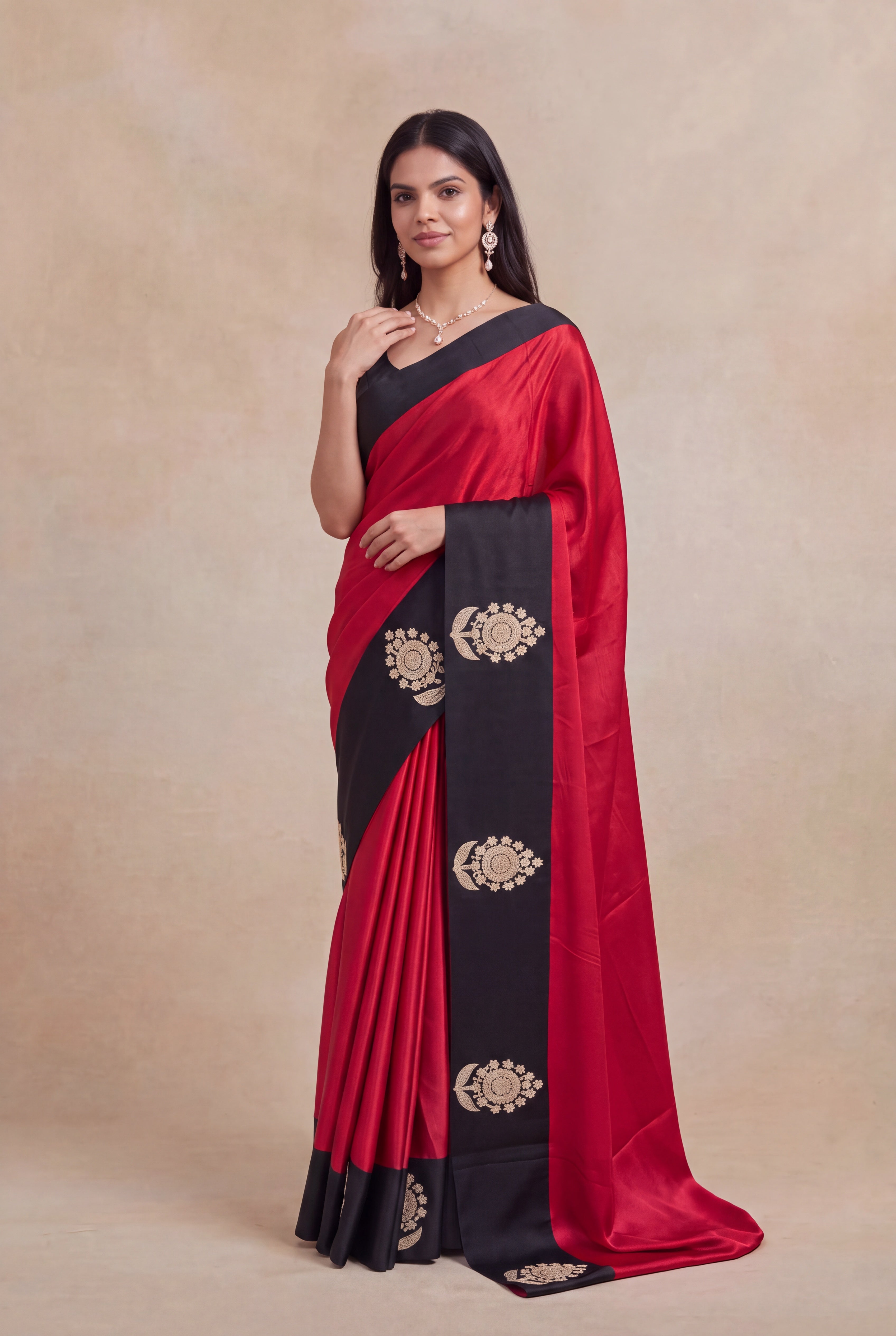 Red Satin Silk Saree with Black Sequin Border