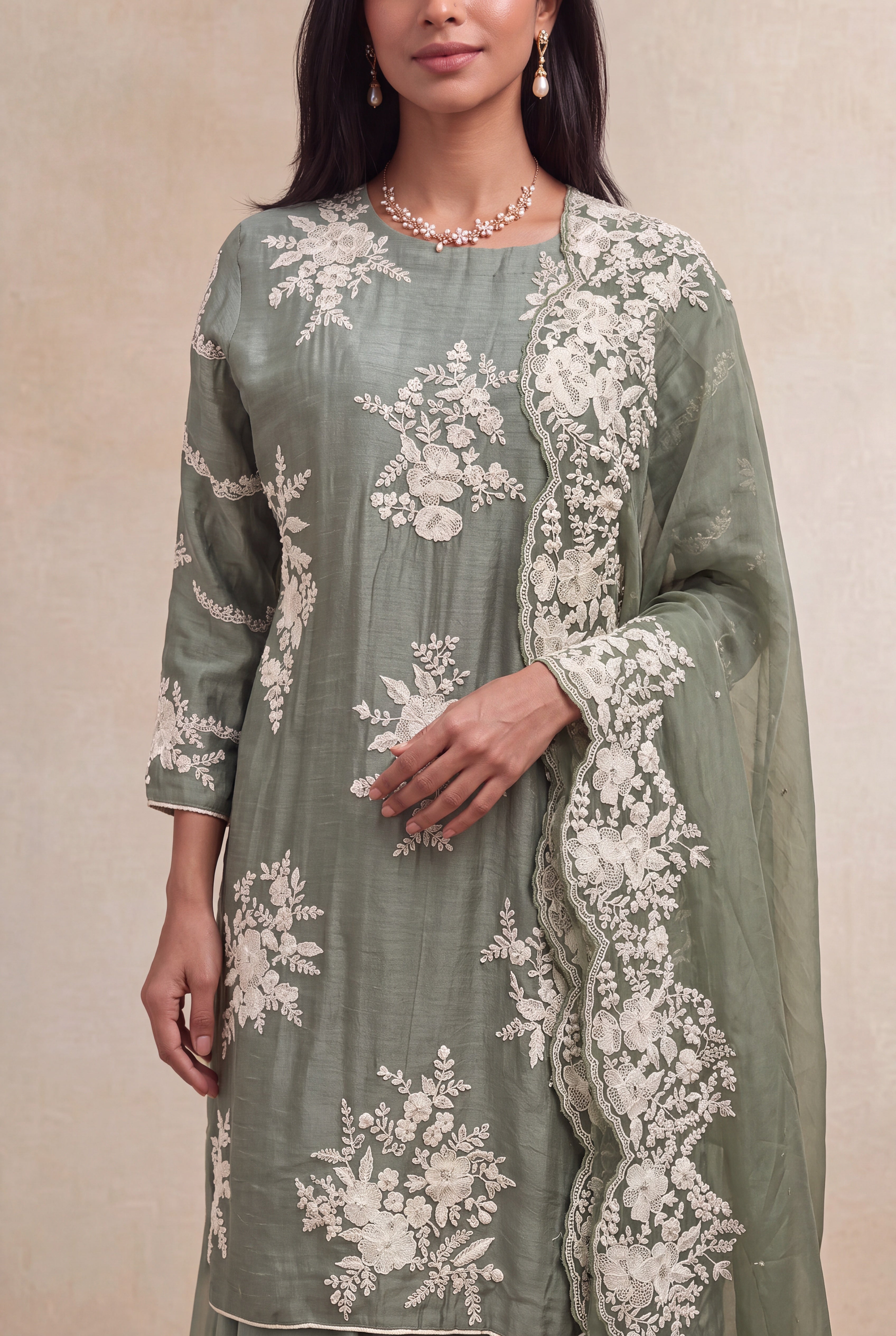 Sage Green Raw Silk Sharara Set with Pearl Embroidery