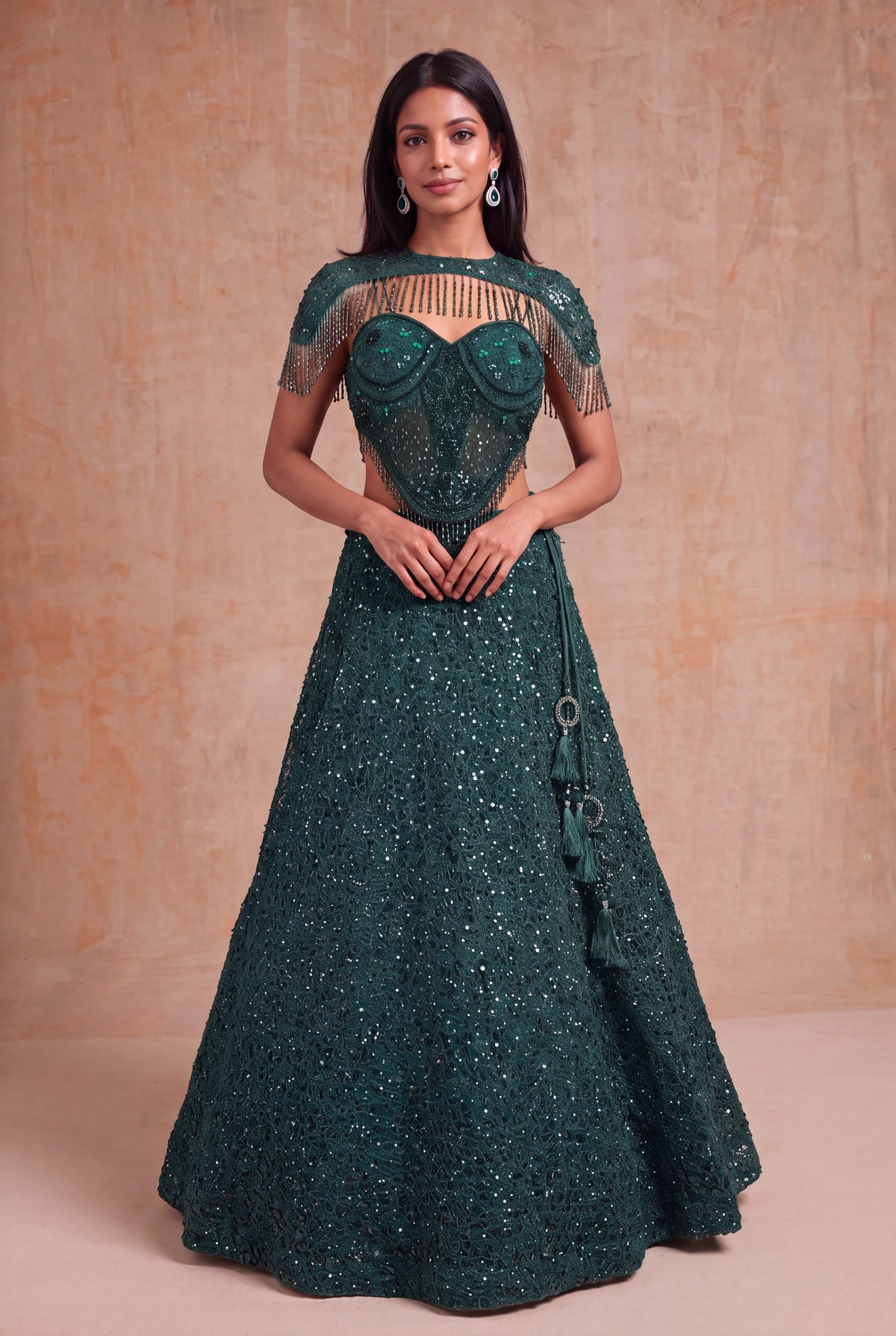Emerald Green Indo-Western Net Lehenga