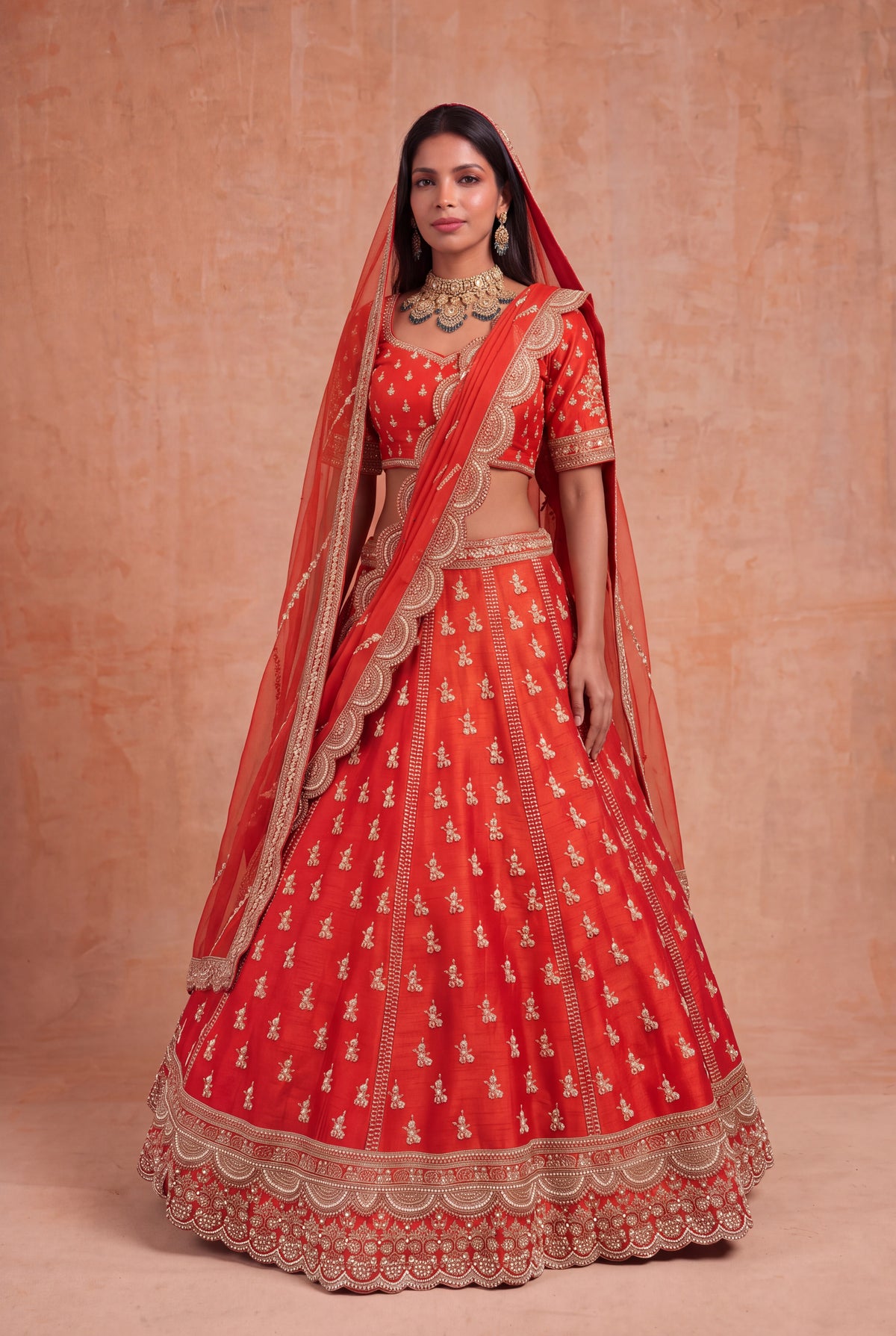 Rust Orange Raw Silk Lehenga
