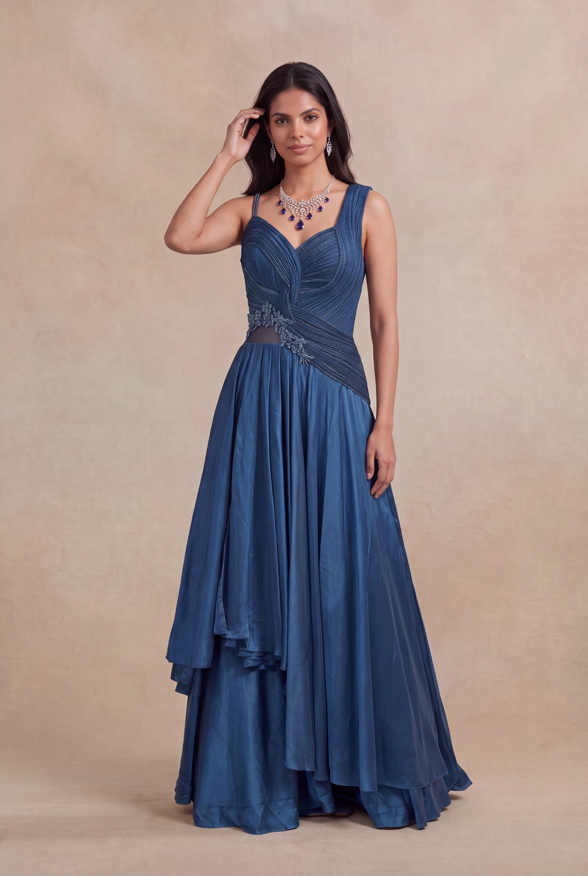 Blue Draped Katdana & Stone Work Designer Gown