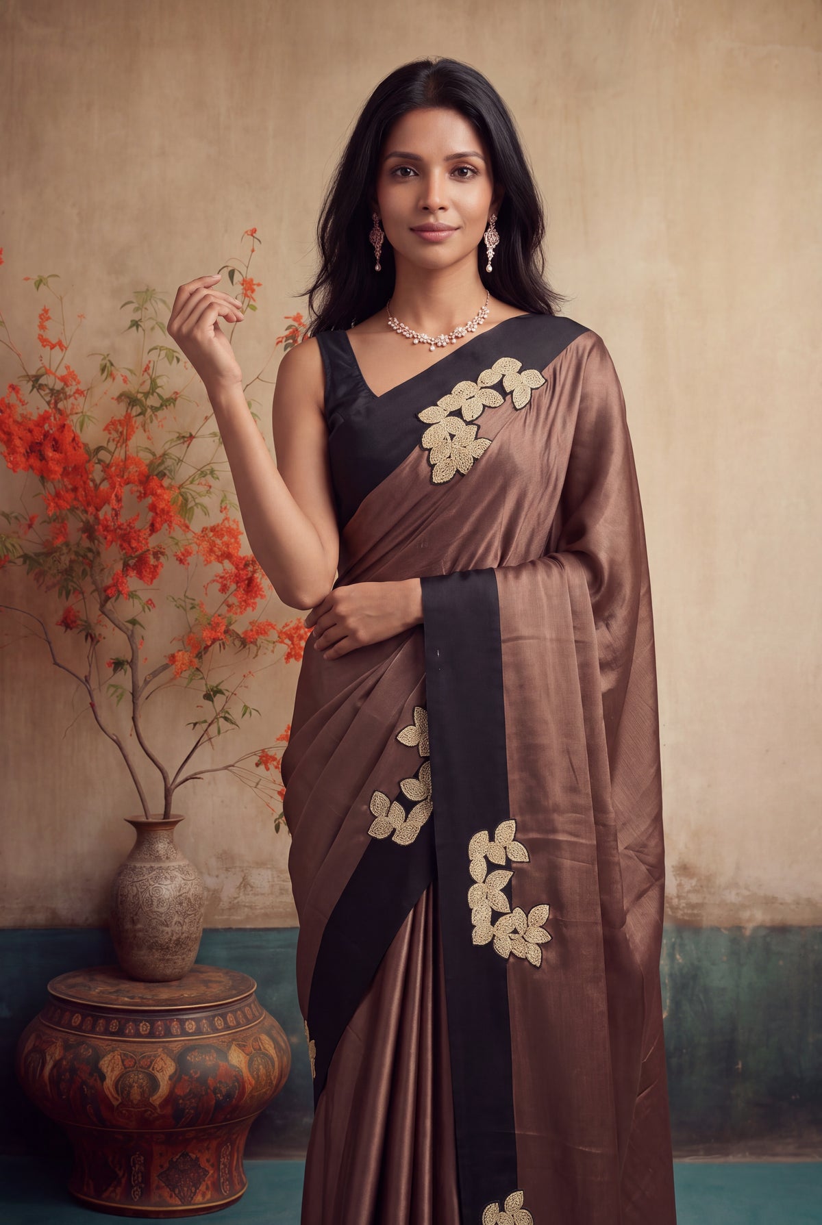 Mocha Brown Crepe Silk Saree