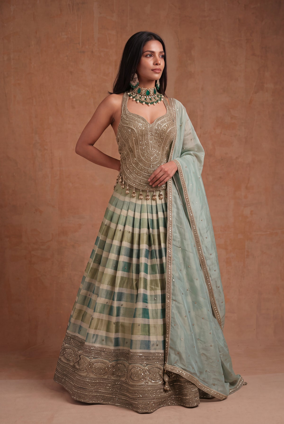 Sage Green Checked Tissue Lehenga