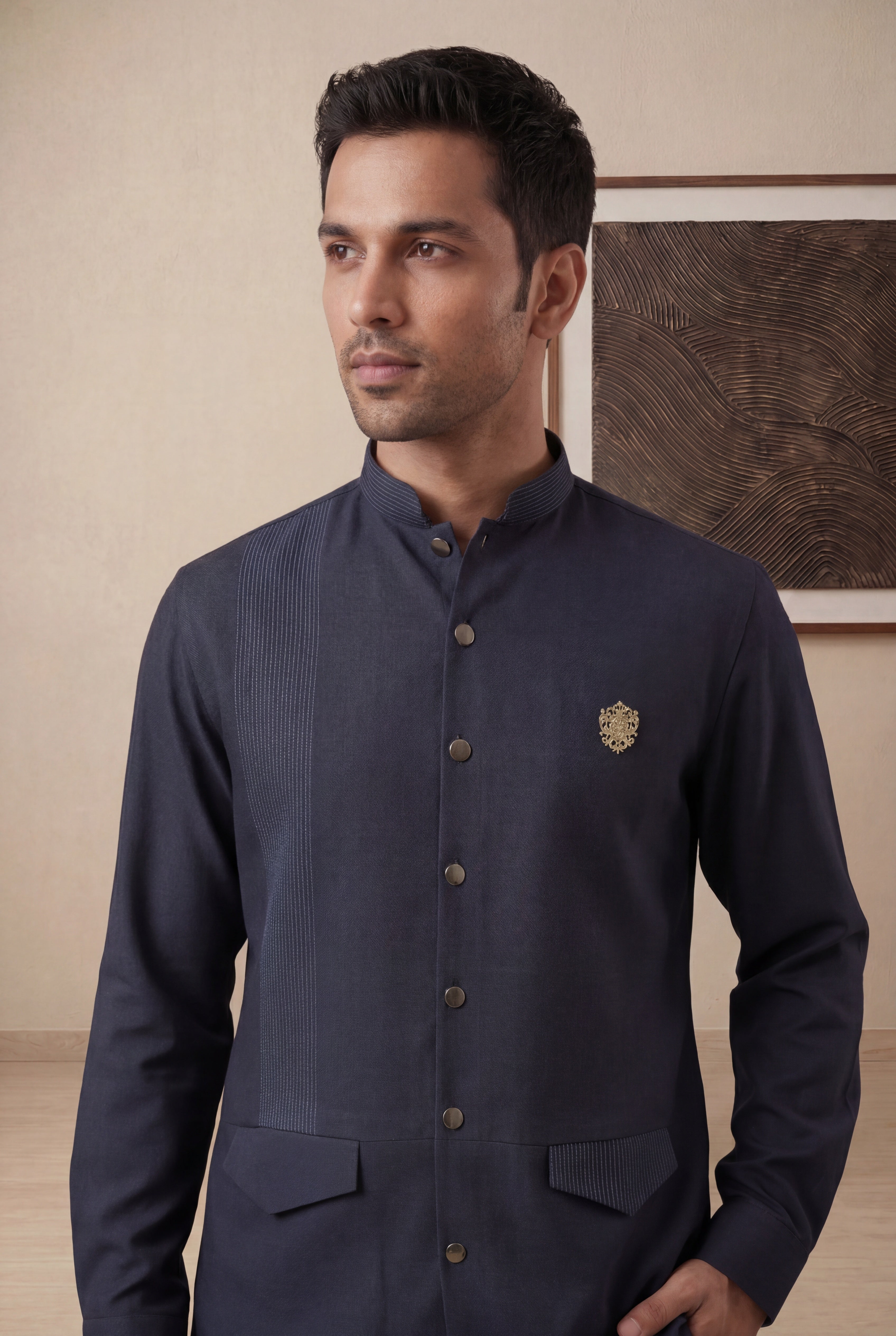 Navy Blue Cotton Mandarin Collar Shirt