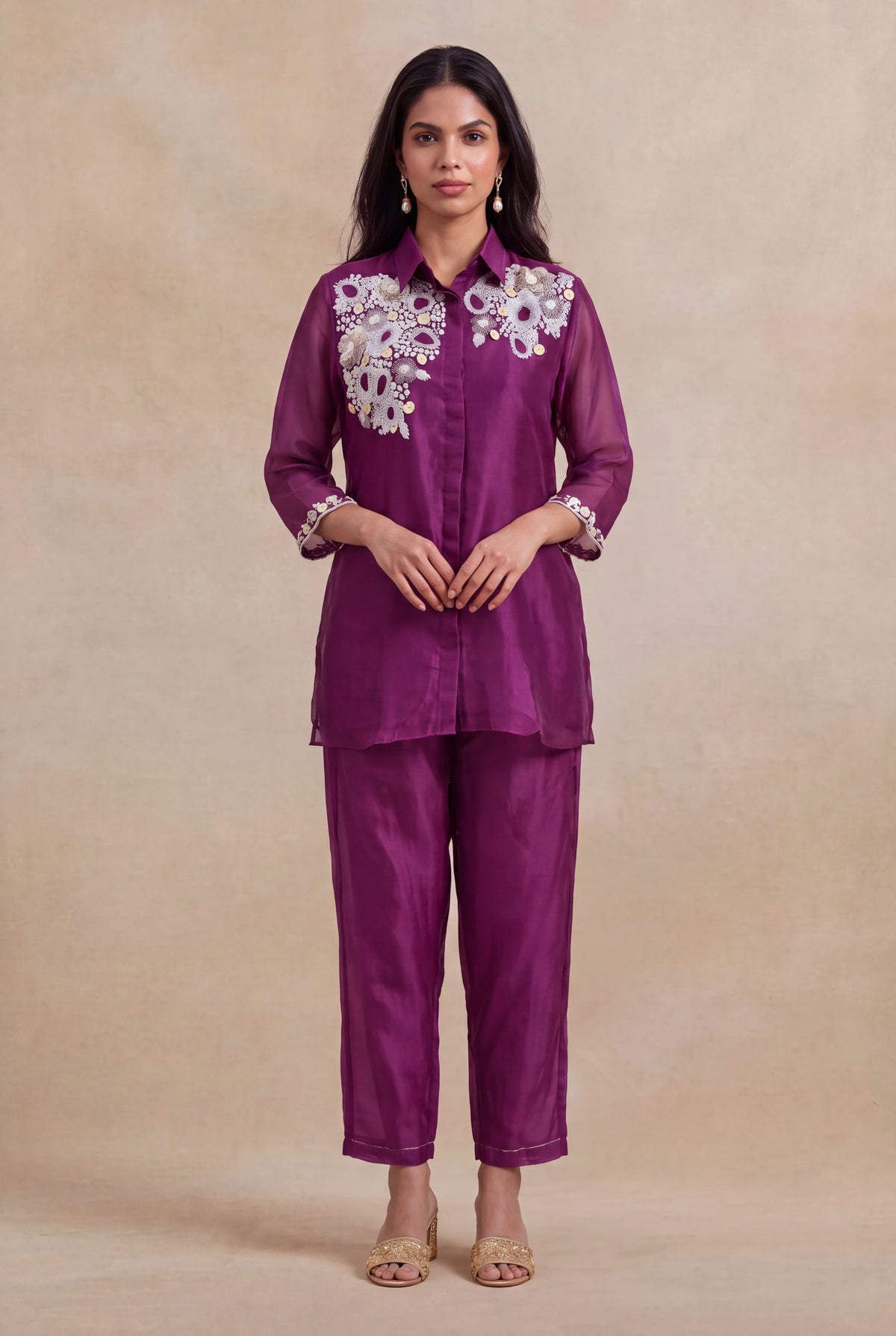 Wine Organza Co-ord Set