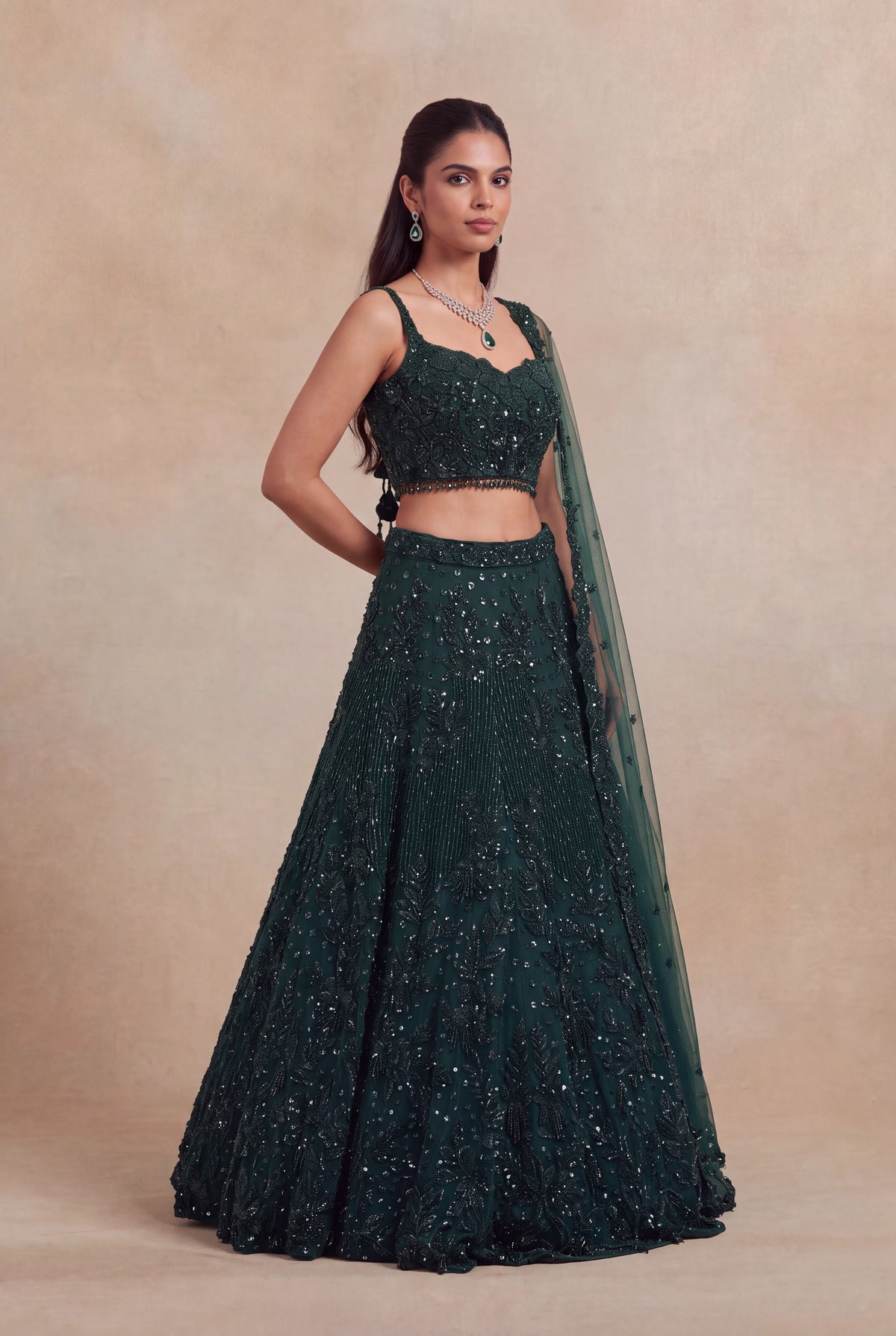 Bottle Green Net Lehenga with Sequin & Beadwork