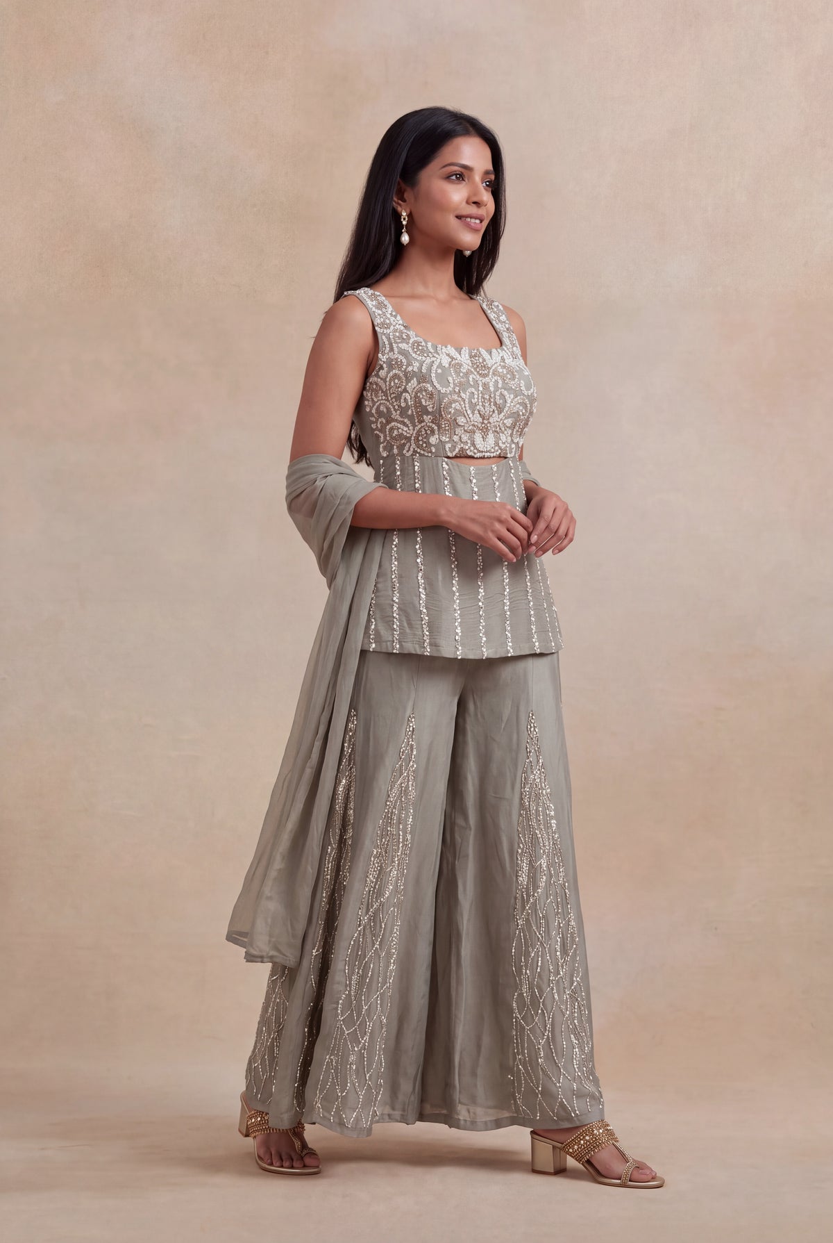 Grey Crepe Palazzo Set with Sequins & Katdana Work