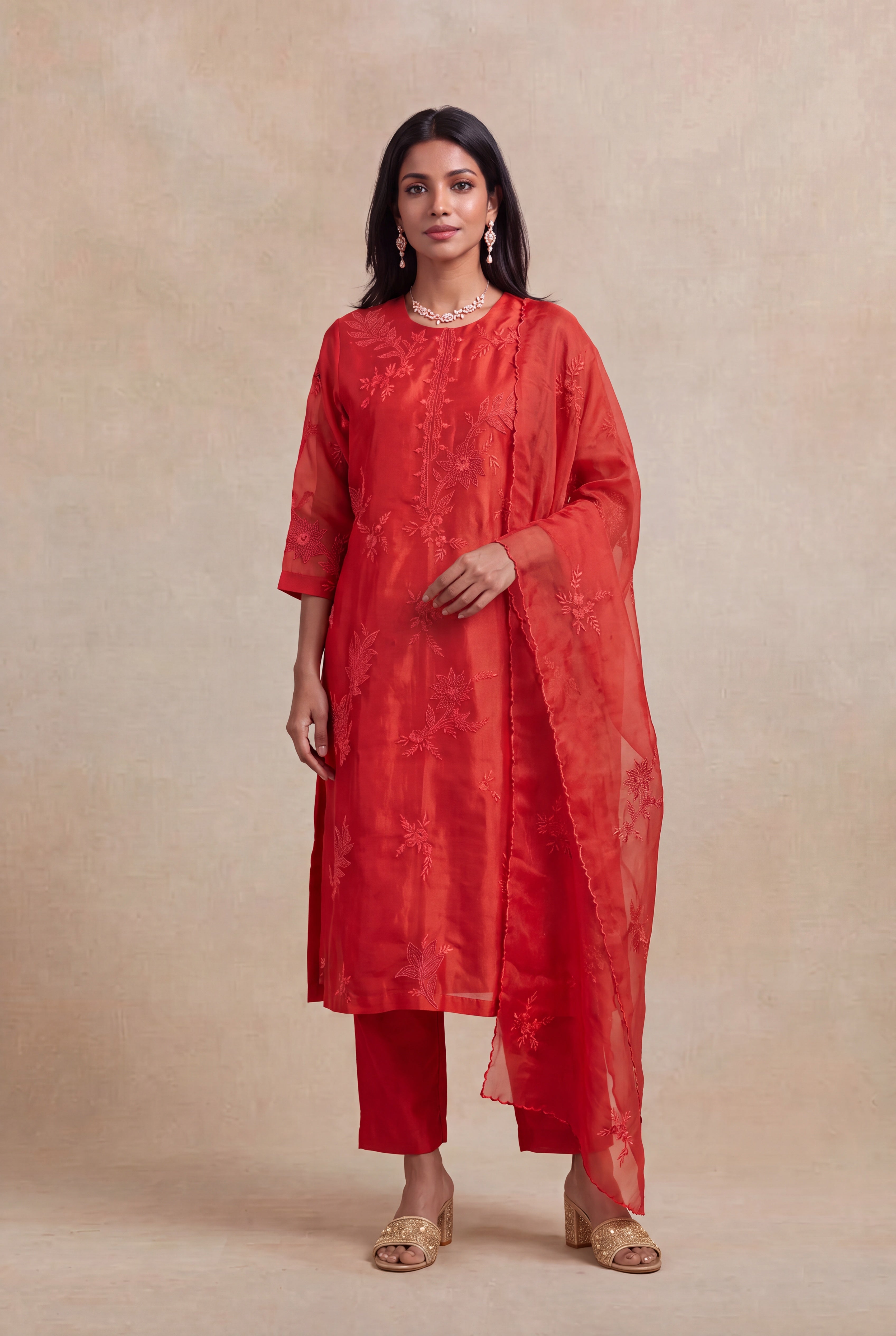 Rust Orange Organza Embroidered Straight-Cut Salwar Set