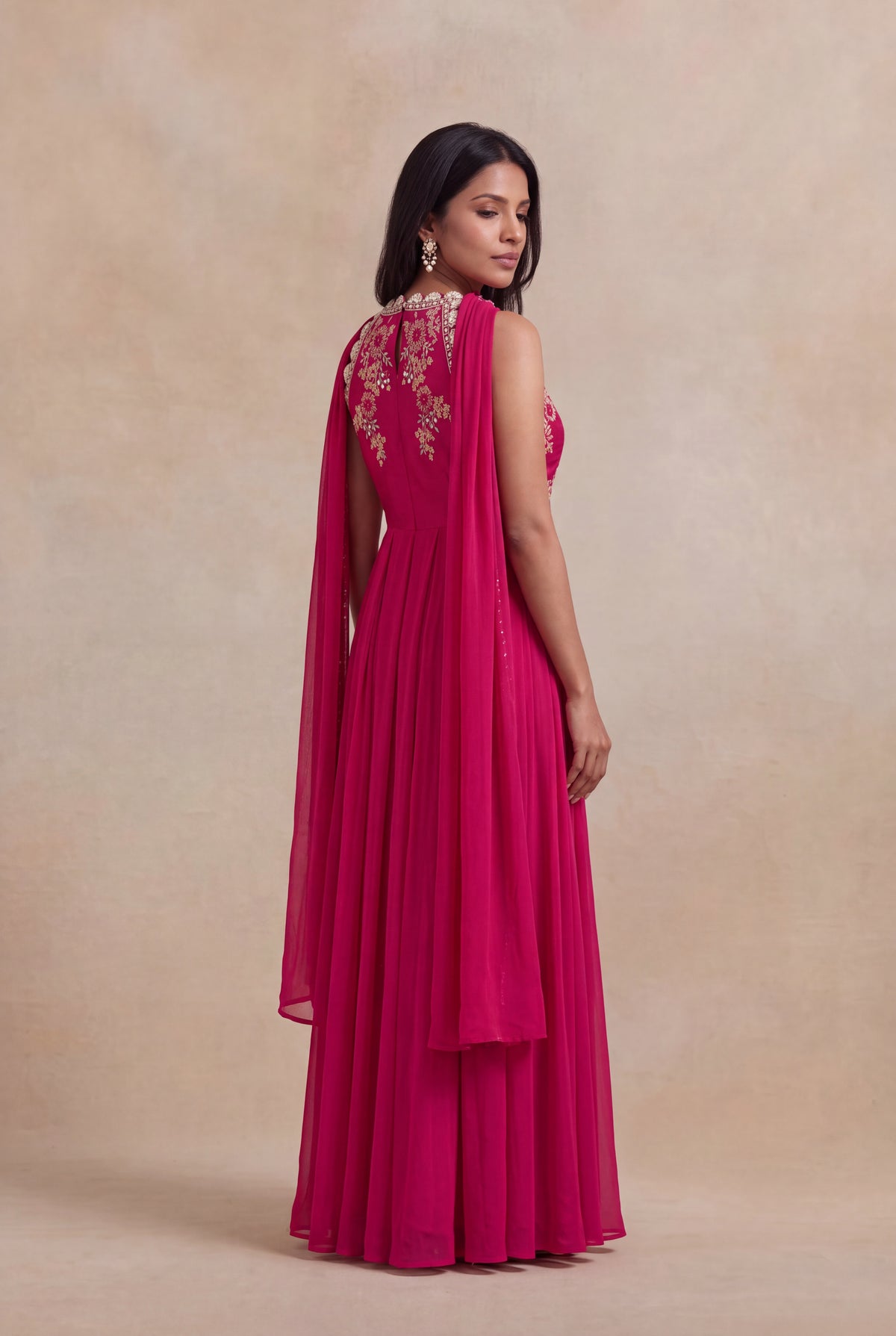Rani Pink Embroidered Gown with Choker Dupatta