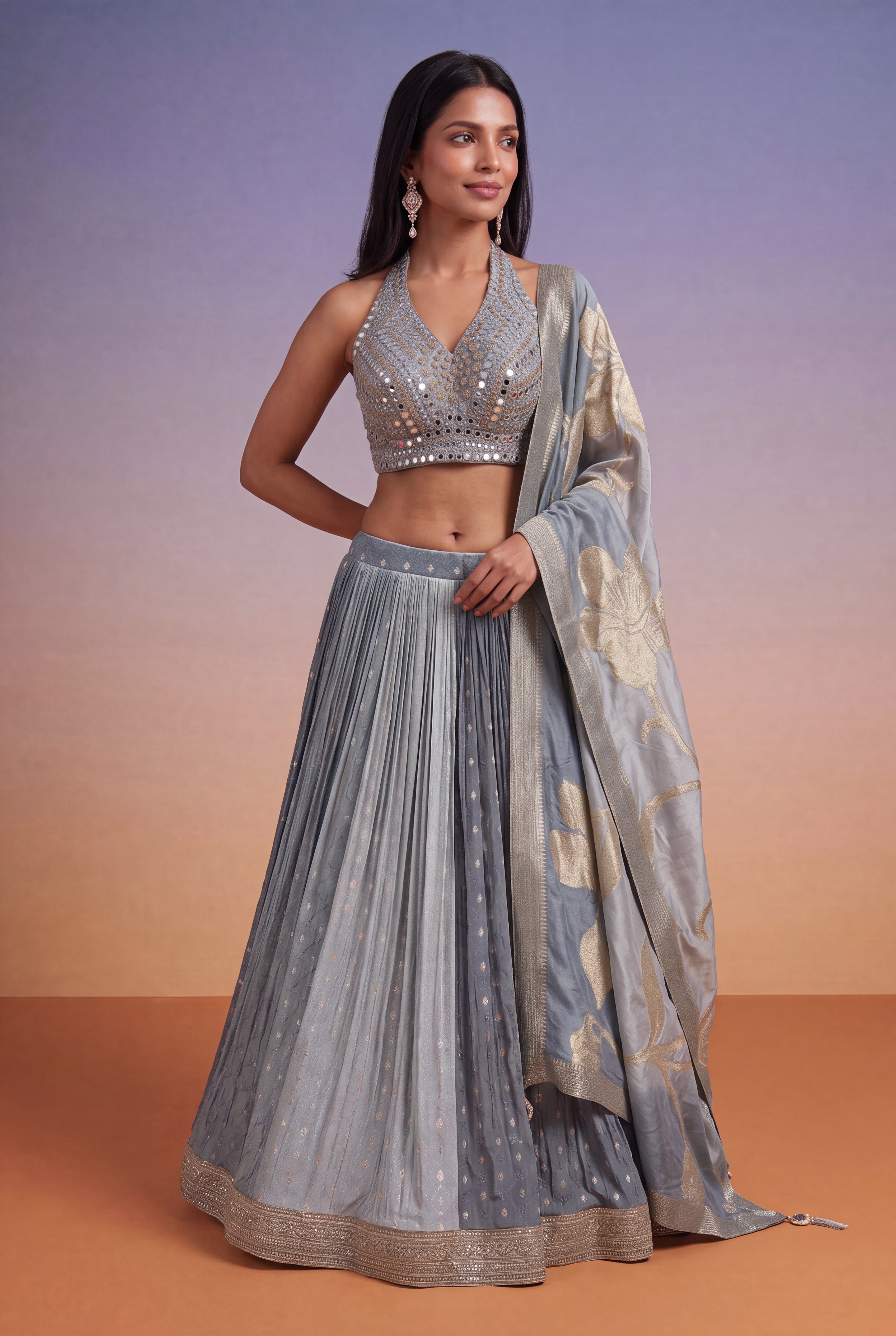 Dusty Blue Lehenga with Mirror Work Blouse