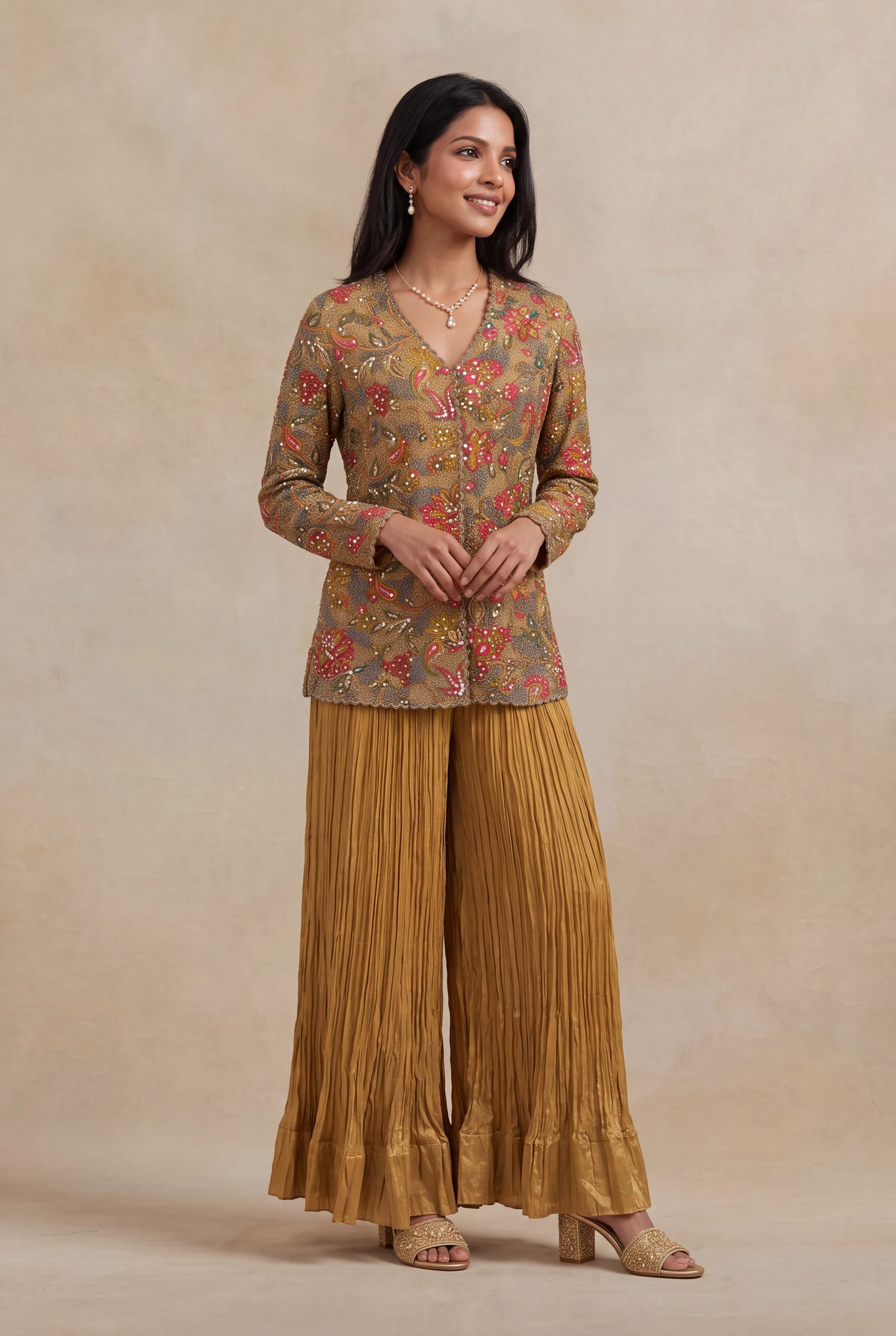 Mustard Yellow Printed Co-ord Set with Metallic Thread Embroidery