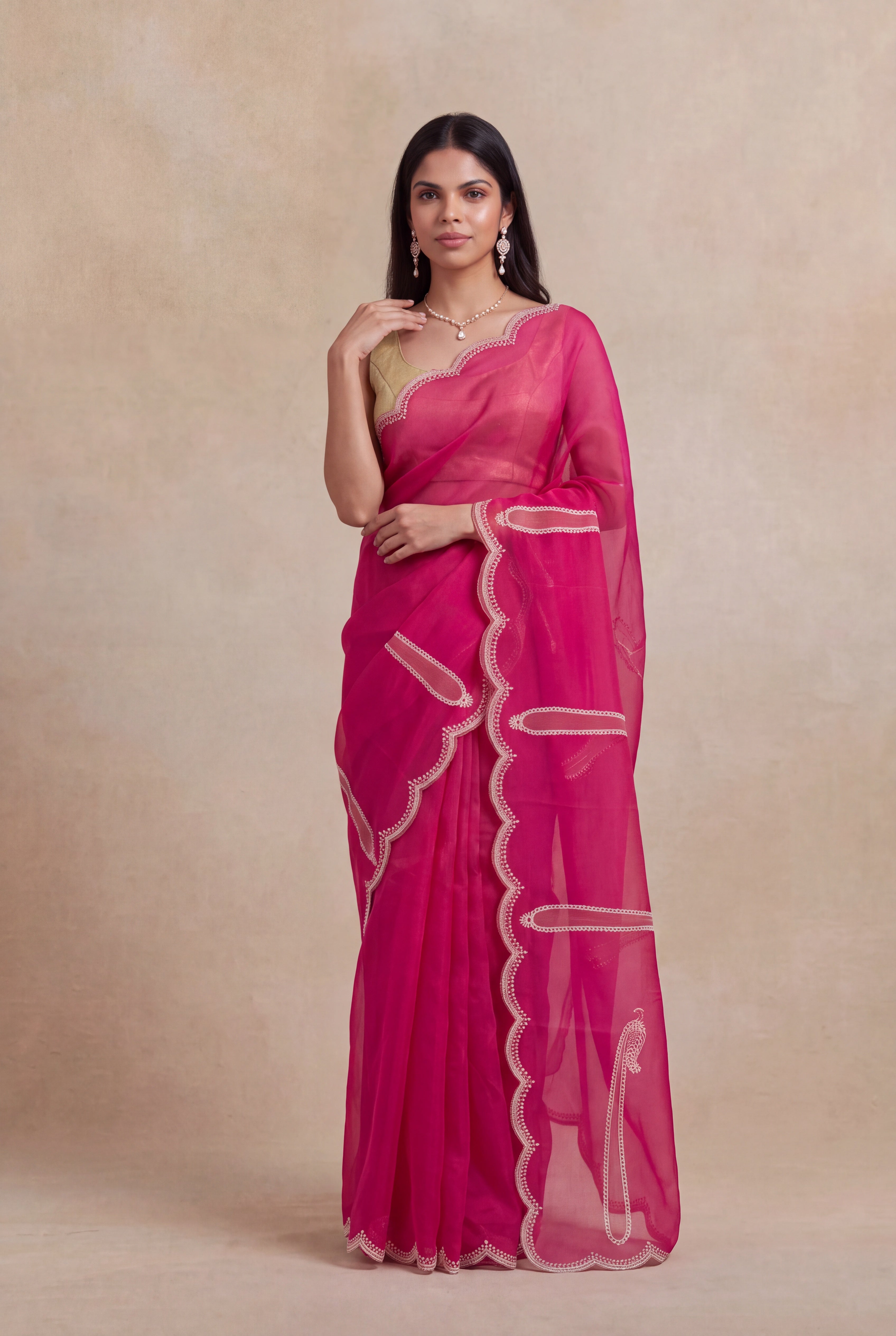 Pink Organza Saree with Aari Thread Work