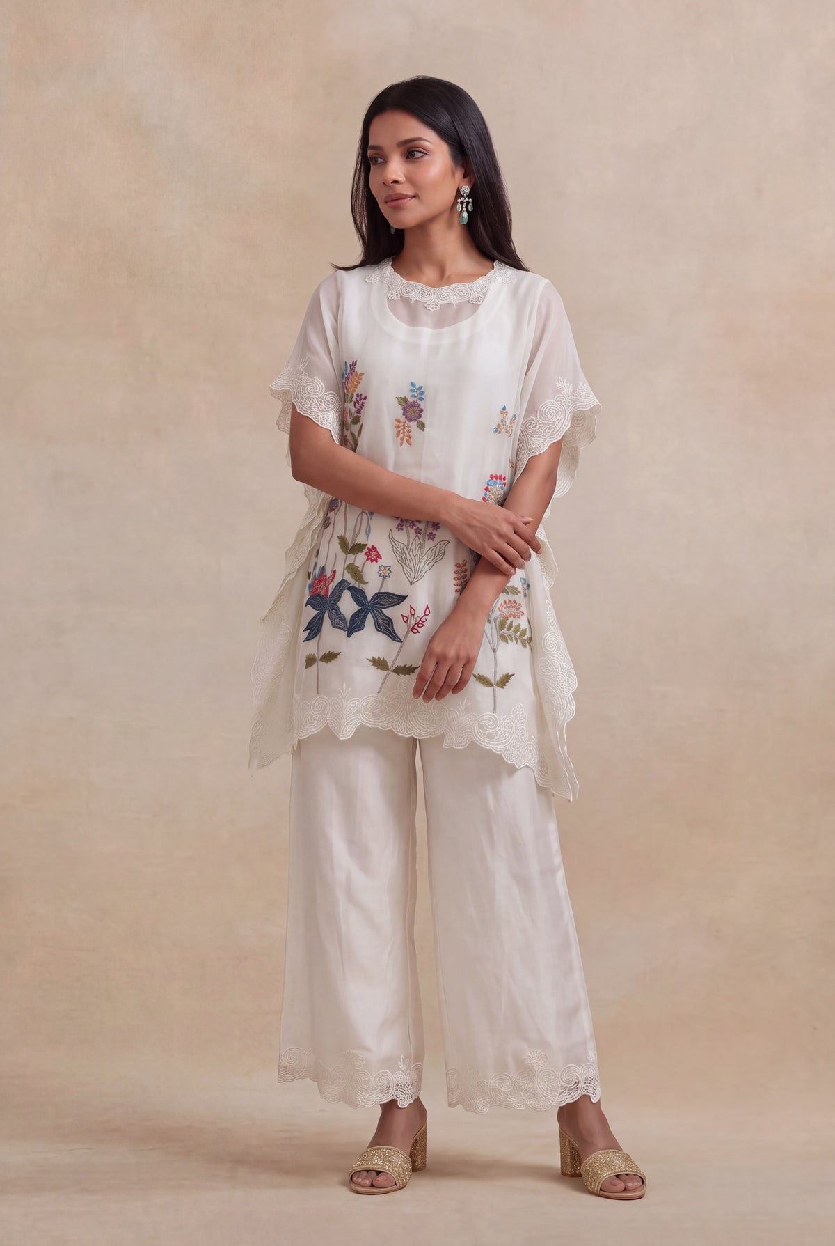 Ivory Organza Kaftan with Floral Thread Embroidery