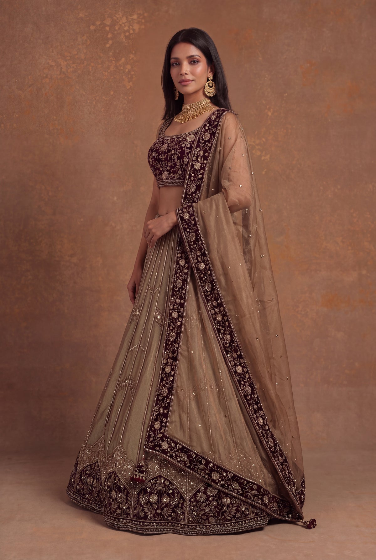 Tissue Lehenga with Maroon Velvet Blouse
